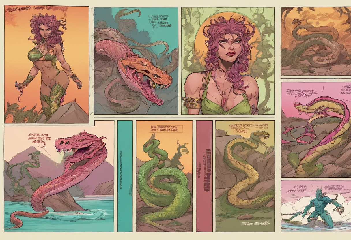 (comic art style), ink on paper, character turnaround sheet, medusa, gorgon, snakefolk, woman snake hybrid, lower body snake tail. full body portrait, masterpiece, craftsmanship nuance, color pieces, sketchbook, hand drawn, dark, gritty, realistic sketch, rough sketch, mix of dark bold lines and loose lines, bold lines, on paper, twisted character sheet, comics of the 1990's, harsh ink lines, expressive ink techniques, distinctive line work, precise harsh strokes, dynamic expressive linework)