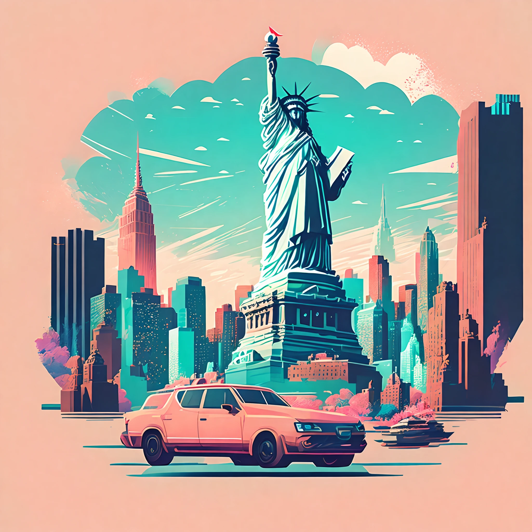 new york city with statue liberty background, anime style, bright image, soft color, tshirt design, vector-art