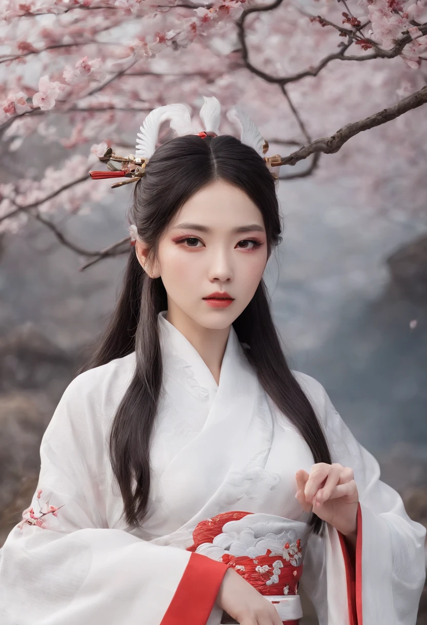 Luna Freya Knox Frey，动态照明，art  stations，poster for，Volumetriclighting，Very detailed faces，4k wallpapers，He has a delicate and beautiful face，long hair flowing，horse tailed，Fringed Hair Ornament，Dynamic perspective，White Hanfu，White gauze flying，red waistband，Sexy，Tradition Chinese Ink Painting，Surrounded by clouds，cherry blossom，fog atmosphere，Ride a white dragon，White dragon horn，dynamic viewing angle，电影灯光