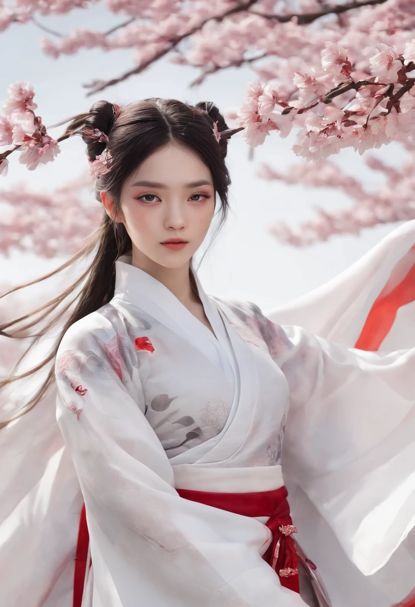 Luna Freya Knox Frey,动态照明,art stations,poster for,Volumetriclighting,Very detailed faces,4k wallpapers,He has a delicate and beautiful face,long hair flowing,horse tailed,Fringed Hair Ornament,Dynamic perspective,White Hanfu,White gauze flying,red waistband,Sexy,Tradition Chinese Ink Painting,Surrounded by clouds,cherry blossom,fog atmosphere,Ride a white dragon,White dragon horn,dynamic viewing angle,电影灯光