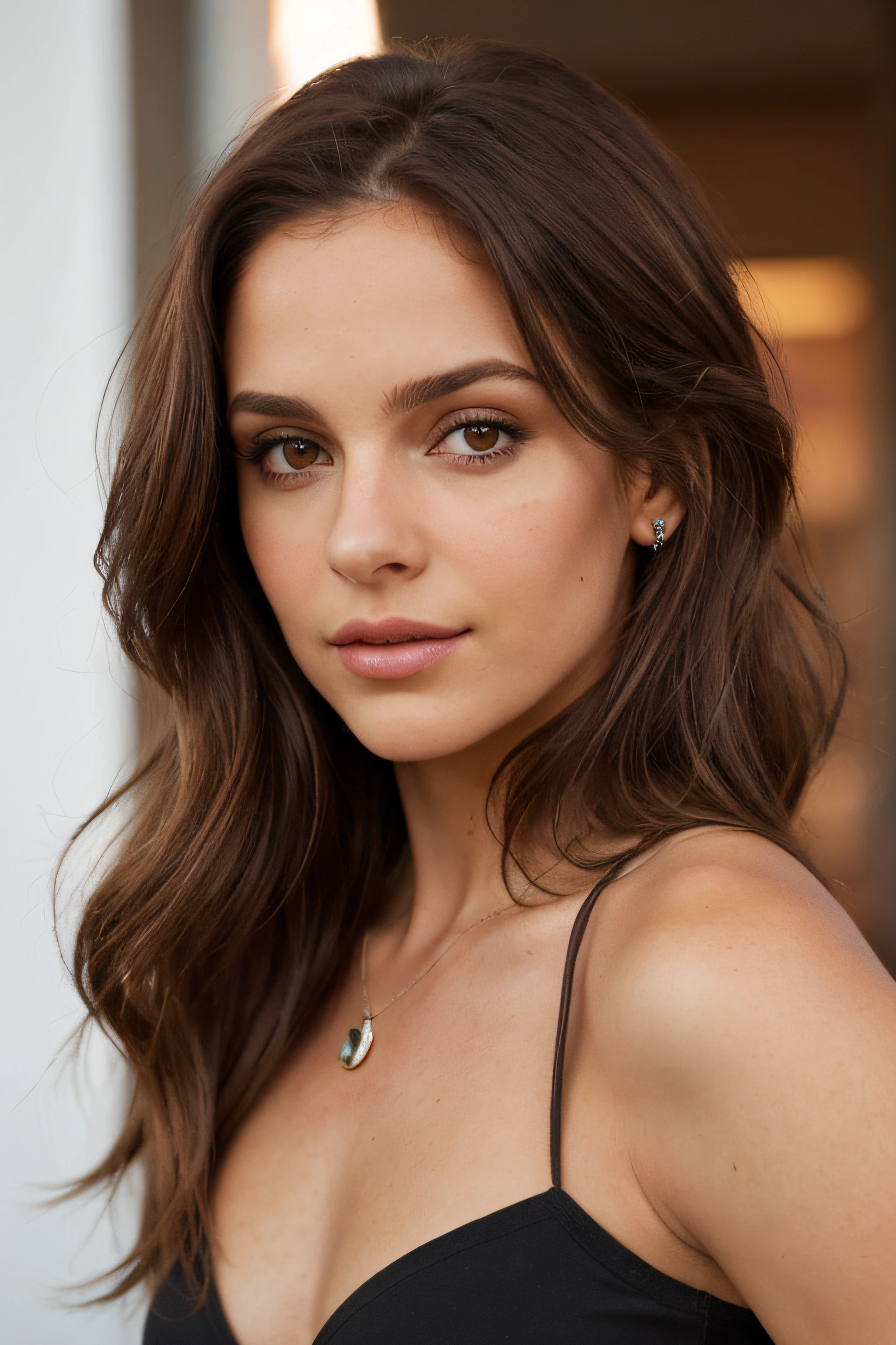 1mujer, (realista:1), brown hair, Cabello largo, ojos negros, feliz, cuerpo completo en sujetador sexy color rojo