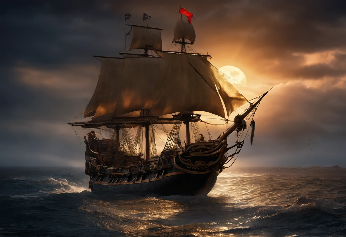 sail, treasure chest, stormy sea, moonlit night, skull and crossbones, cannon fire, Jolly Roger flag, captain's hat, wooden deck, roaring waves, hidden island, swords shining, parrot on the shoulder, treasure map unfolding, gold coins glittering, pirate ship in battle, plank walk, pirate flag fluttering, sea monster emerging, rum barrels, pirate tattoos, pirate code of honor, pirate songs echoing, eye patch, grappling hooks, anchor dropping, spyglass scanning the horizon, ship's wheel turning, black sails billowing, thunder and lightning, cannon smoke, pirate crew roaring, seagulls circling, storm clouds gathering, adventurous spirit, adrenaline rush, danger lurking, untold riches, swashbuckling action.
(best quality,4k,8k,highres,masterpiece:1.2),ultra-detailed,(realistic,photorealistic,photo-realistic:1.37) (illustration,3D rendering),pirate-themed,moonlit night,stormy atmosphere,vivid colors,flaming flames,highly detailed ship,ornate captain's hat,menacing skull and crossbones,roaring waves crashing against the ship,treasure chest overflowing with gold and jewels,fierce pirates battling,smoke-filled cannon fire,haunting sound of skulls,hidden island shrouded in mystery,gleaming swords reflecting the moonlight,parrot with vibrant feathers and piercing eyes,ancient-looking treasure map unfolding before your eyes,gold coins scattered in all directions during the battle,ship sinking beneath the stormy sea,plank stretching over the treacherous water,pirate flag proudly displayed atop the ship,mighty sea monster rising from the depths,rustic rum barrels lining the deck,pirates proudly displaying their tattoos,unbreakable pirate code guiding their actions,men singing rollicking pirate songs into the night,patch-covered eye of a fierce pirate captain,grappling hooks securing the ship to the hidden island,heavy anchor dropping into the depths of the sea,spyglass revealing distant ships and looming danger,ship's wheel expertly steered by the captain,black sails billowing