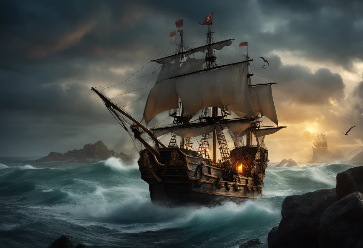 sail, treasure chest, stormy sea, moonlit night, skull and crossbones, cannon fire, Jolly Roger flag, captain's hat, wooden deck, roaring waves, hidden island, swords shining, parrot on the shoulder, treasure map unfolding, gold coins glittering, pirate ship in battle, plank walk, pirate flag fluttering, sea monster emerging, rum barrels, pirate tattoos, pirate code of honor, pirate songs echoing, eye patch, grappling hooks, anchor dropping, spyglass scanning the horizon, ship's wheel turning, black sails billowing, thunder and lightning, cannon smoke, pirate crew roaring, seagulls circling, storm clouds gathering, adventurous spirit, adrenaline rush, danger lurking, untold riches, swashbuckling action. 

(best quality,4k,8k,highres,masterpiece:1.2),ultra-detailed,(realistic,photorealistic,photo-realistic:1.37) (illustration,3D rendering),pirate-themed,moonlit night,stormy atmosphere,vivid colors,flaming flames,highly detailed ship,ornate captain's hat,menacing skull and crossbones,roaring waves crashing against the ship,treasure chest overflowing with gold and jewels,fierce pirates battling,smoke-filled cannon fire,haunting sound of skulls,hidden island shrouded in mystery,gleaming swords reflecting the moonlight,parrot with vibrant feathers and piercing eyes,ancient-looking treasure map unfolding before your eyes,gold coins scattered in all directions during the battle,ship sinking beneath the stormy sea,plank stretching over the treacherous water,pirate flag proudly displayed atop the ship,mighty sea monster rising from the depths,rustic rum barrels lining the deck,pirates proudly displaying their tattoos,unbreakable pirate code guiding their actions,men singing rollicking pirate songs into the night,patch-covered eye of a fierce pirate captain,grappling hooks securing the ship to the hidden island,heavy anchor dropping into the depths of the sea,spyglass revealing distant ships and looming danger,ship's wheel expertly steered by the captain,black sails billowing
