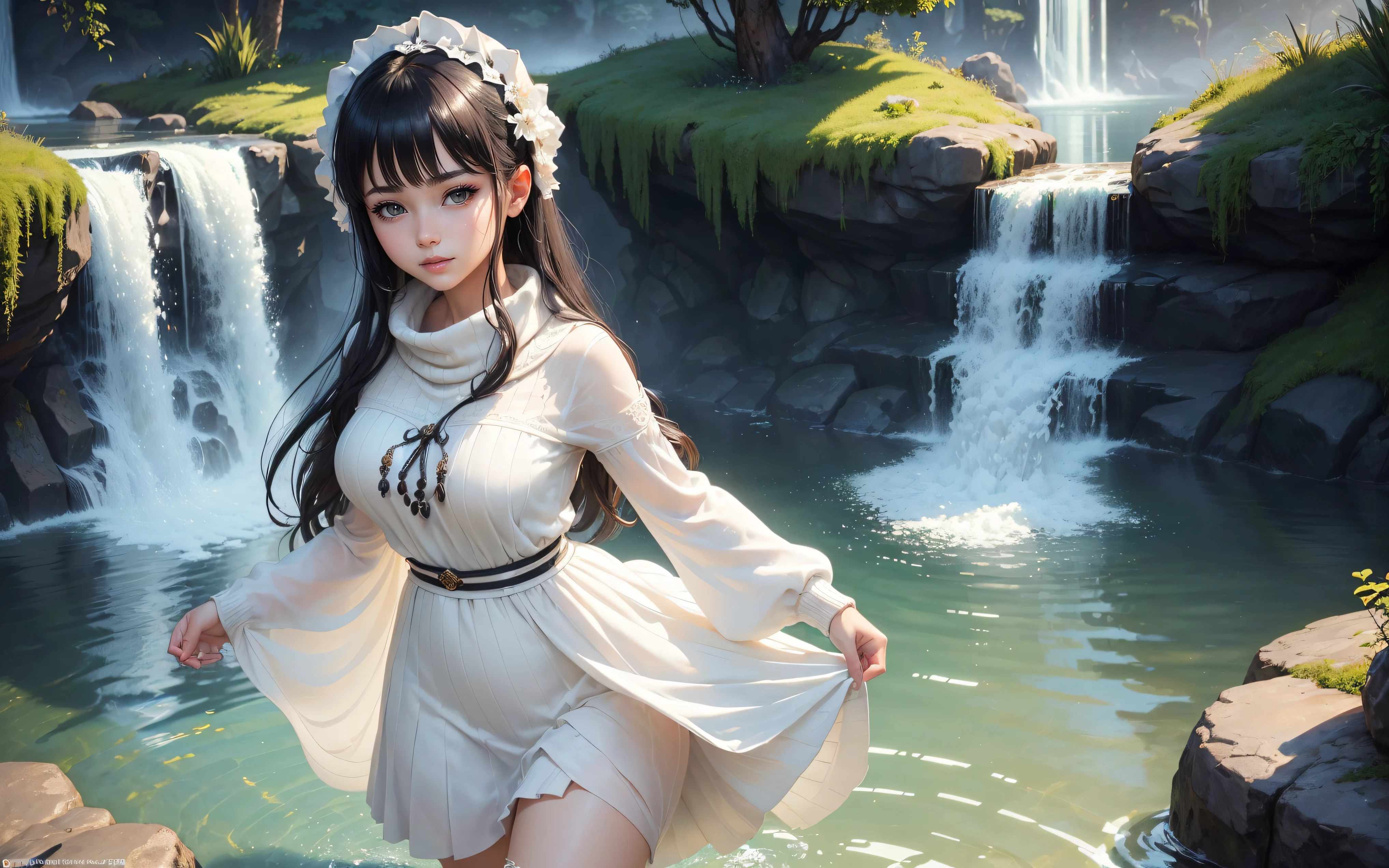 Eight-year-old little loli, cute face, white shawl long hair, red pupils, white dress, naked legs, no shoes, perfect calf curve, cute little feet. On a rainy day, in the park, stepping on fallen leaves.
