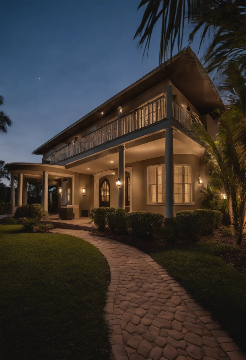 hyper realistic, 4k, exterior single level 3 bedroom house built in early 2000s style in the US, middle class neighborhood in St. Pete Florida (RAW photo, real, best quality, masterpiece:1.2), (hyper realistic, photo-realistic:1.2), high quality, (dark lighting:1.2), perfect lighting, archdaily