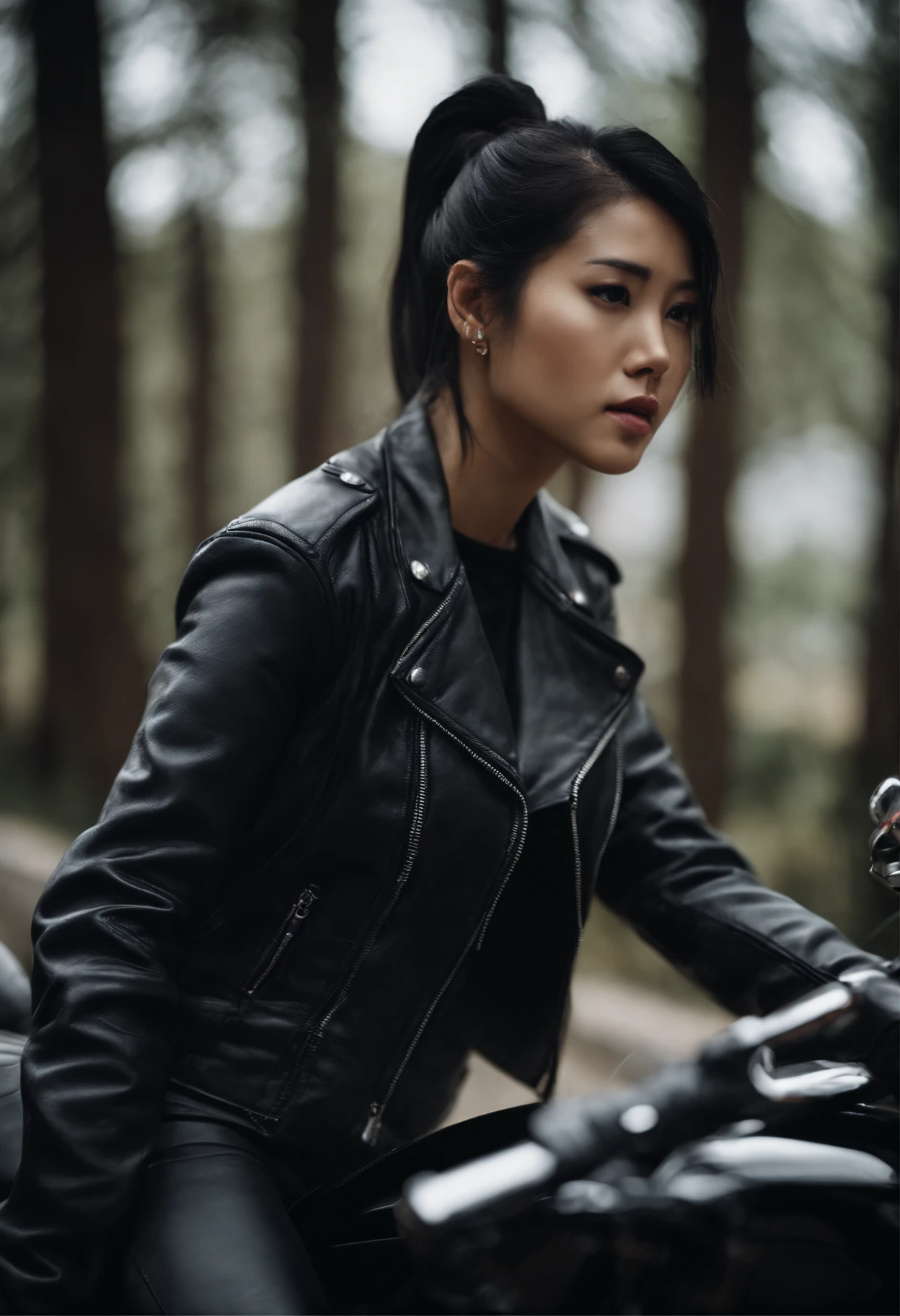 Black leather gloves, black hair ponytail, Japanese girls, black leather riders jacket, upper body