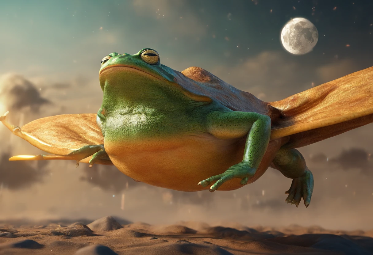 A big frog flies up to eat the moon.