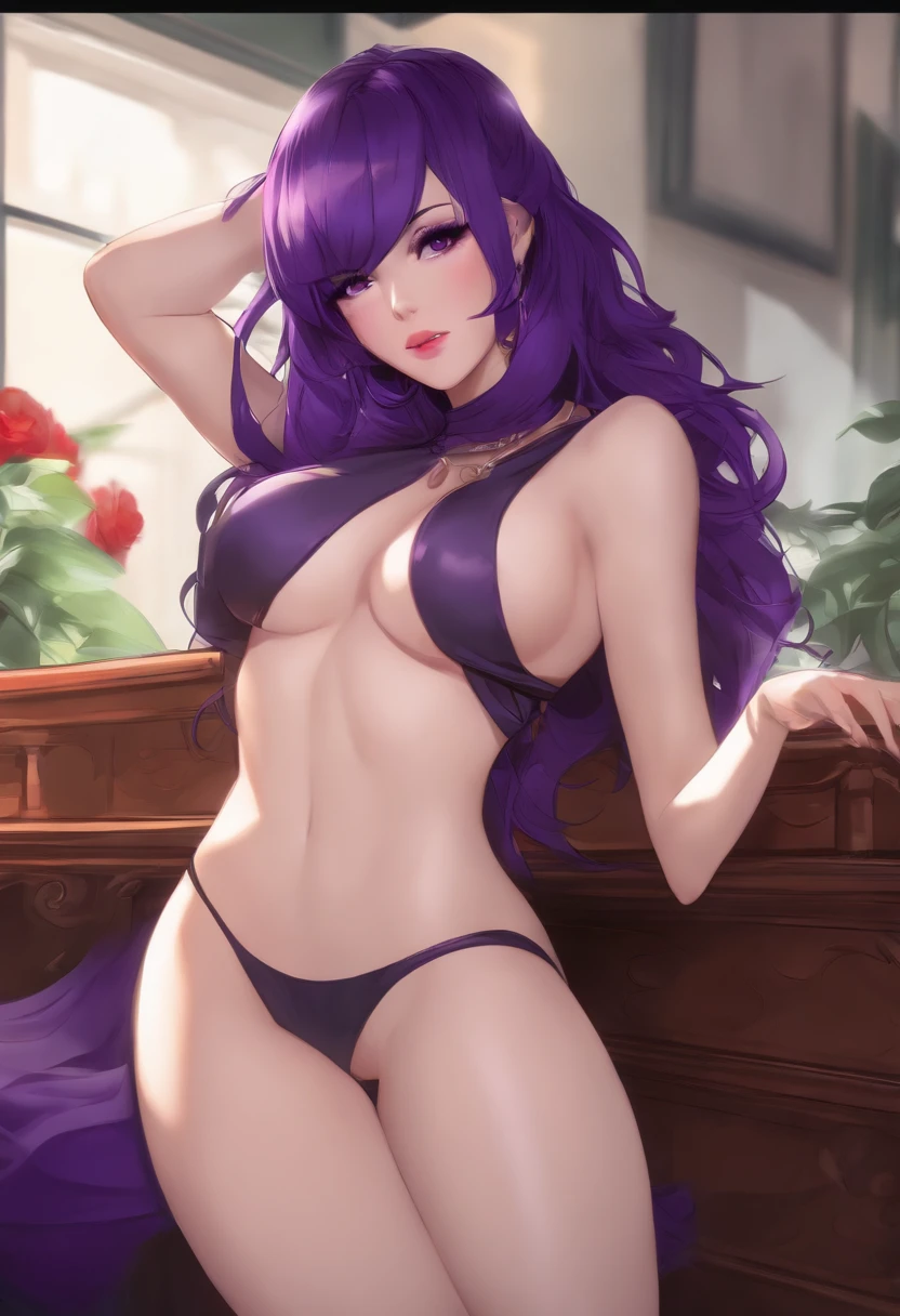 Chica con cabello corto morado negro, Anime style, Hentai y desnuda mostrando su vagina