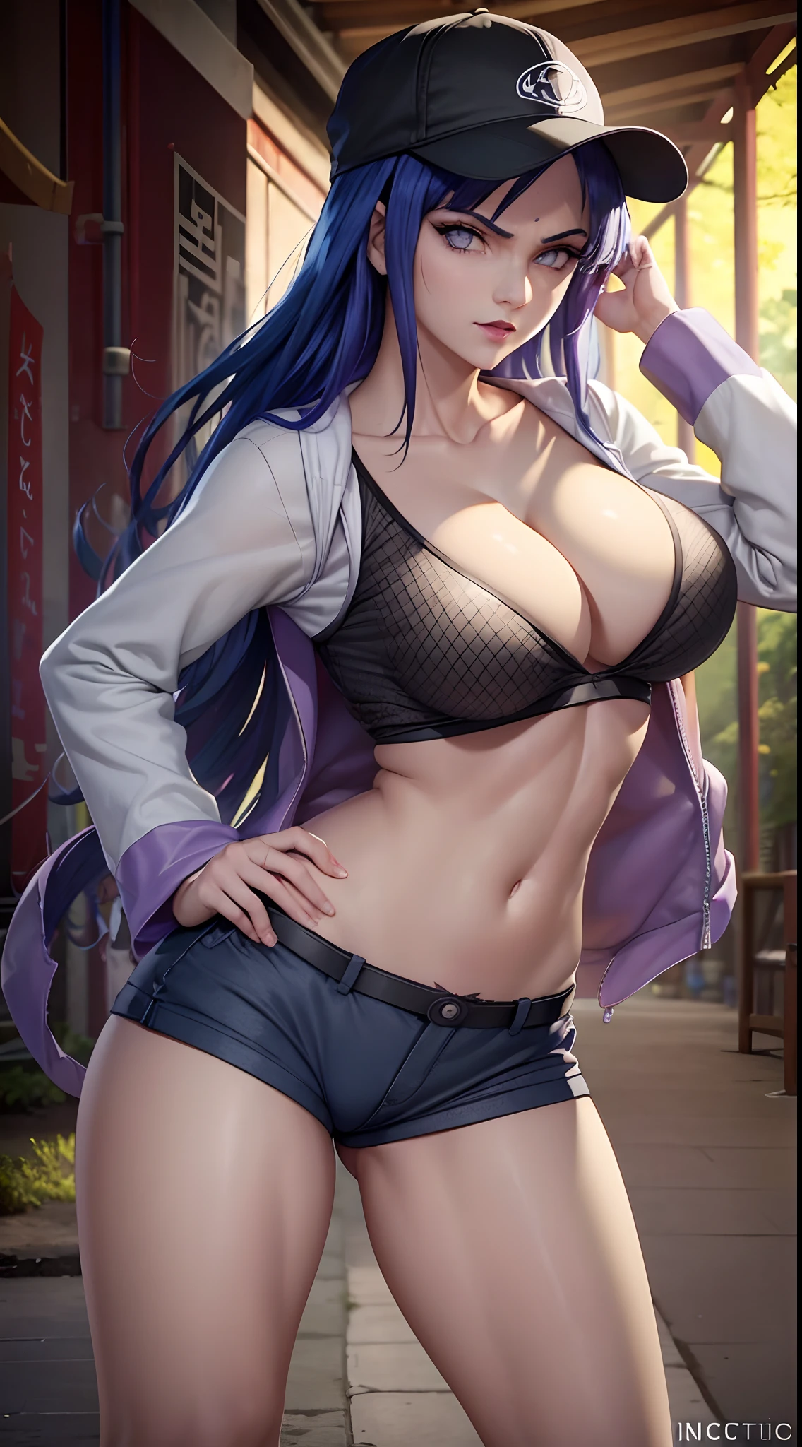 hinata hyuga, extremamente sexy, muito linda, Beleza Brasileira, Curvas, pernas grossas, bunda grande, Curto curto, bermuda curta, biting lips, rosto bonito, Boca bonita, olhos lindos, Air Jordan Sneakers, blusa Barbie, mostrando o umbigo, pirsing no umbigo, tatuagem do naruto, tatuagem na perna, straight flap cap, descolada, Digital influence, instagram, (cinemactic:1.5), epic realistic, hiperdetalhado, detalhes insanos, detalhes intrincados, Highlight lighting, volumetric soft light, Bokeh, (dramatic light:1.2), (cores neutras:1.3), processo cruzado, 8k, alta resolução, iPhone 15 Pro Camera