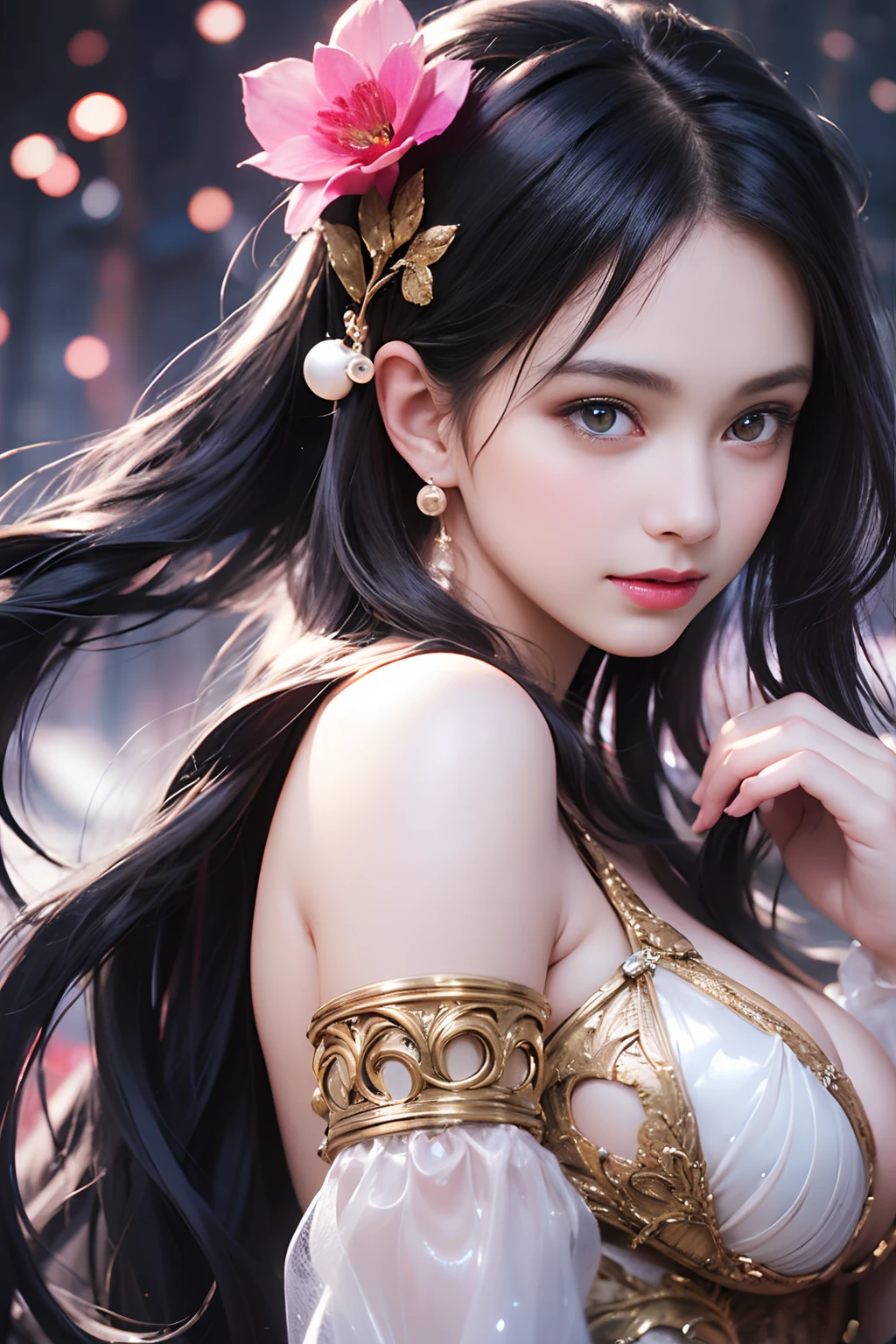 Highest Quality, Highest image quality, RAW Photos, Realistic, Photorealsitic, ultra detailed and beautiful, highest details, ung girls, good-looking, Beautiful fair skin and luster, Beautiful eyes are big and bright, Small mouth and thin lips, Long black hair blown in the wind, Goodness of style and slenderness, (Beautiful big breasts:1.3), She has a cheerful personality and a cute smile......, Natural makeup, Pearl Pin Crips, (Fantasy see-through costume with cute details and wide breasts:1.3), portrait of cute girl, beautiful girl illuminated by seven colors of light, Irridescent color,
