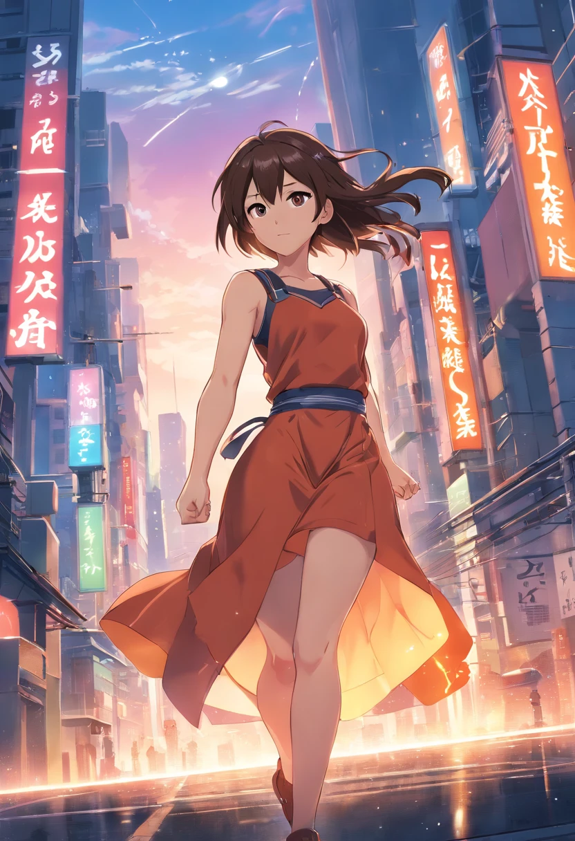 (best quality,highres,realistic:1.37),Tifa Lockhart,human,beautiful detailed eyes,beautiful detailed lips,extremely detailed eyes and face,longeyelashes,radiant smile,gorgeous appearance,athletic figure,brown hair,Fiery red dress,strong-willed expression,fierce fighter,confident pose,action-packed scene,powerful punches and kicks,extraordinary strength,background of a futuristic city,magical aura surrounding her,anime style artwork,vibrant colors and shading,dramatic lighting to enhance the atmosphere