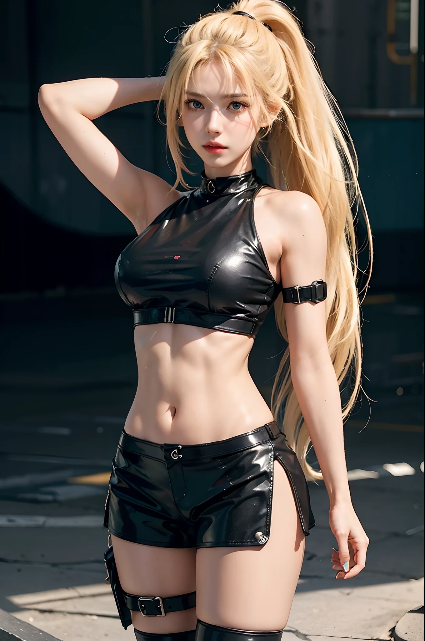 best quality, masterpiece, (photorealistic:1.4), 1girl, raw, ultra hd, dramatical light, glowing skin, abs, blonde long hair, latex outfit