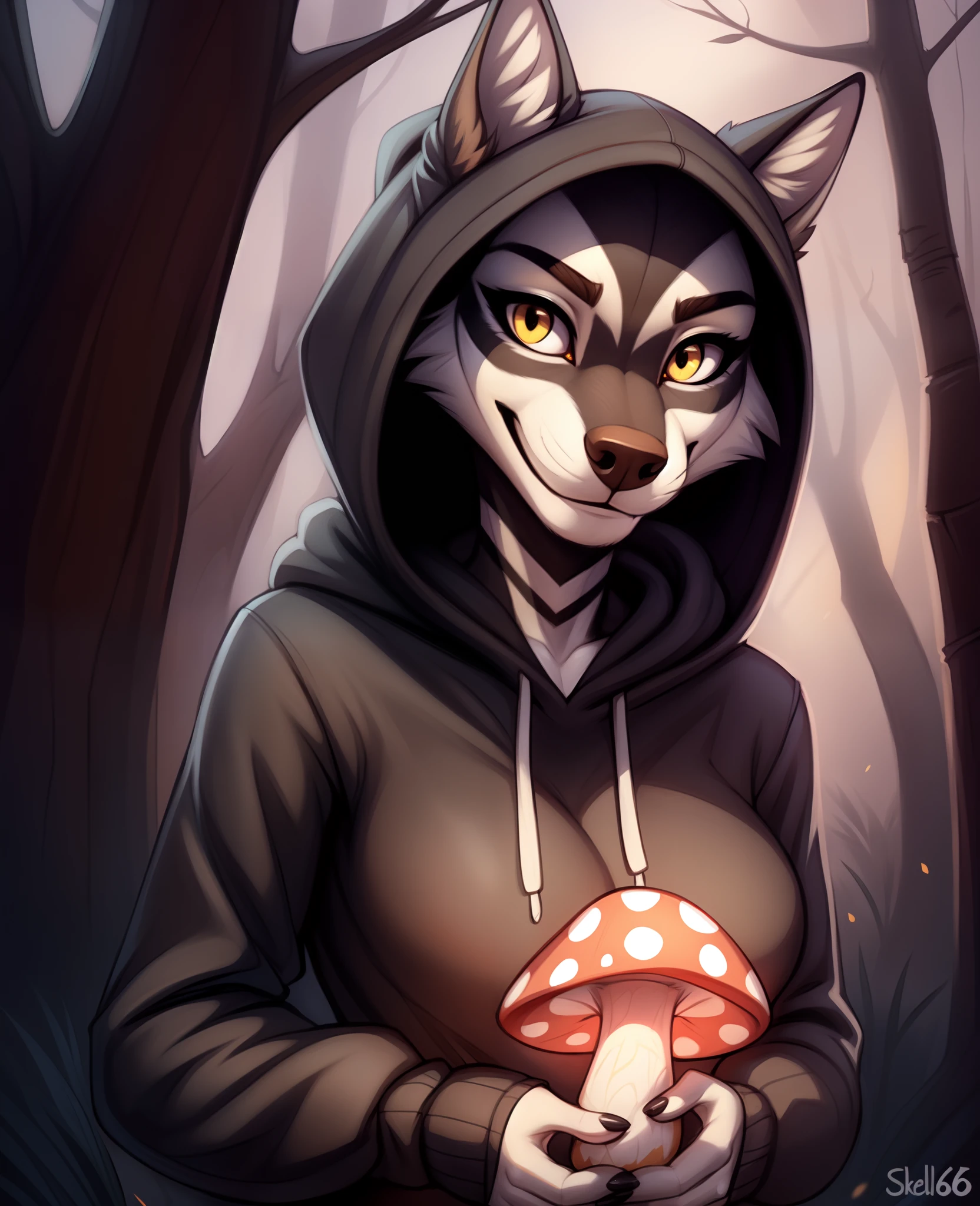 skeletonbodypaint, by Skeleion, anthro,  canid, wolf, juliet, yellow eyes ,  tuff,  Brown nose, bodypaint, smile, solo, furry female, mushroom, hoodie,  by  nelly63,  dark gray body