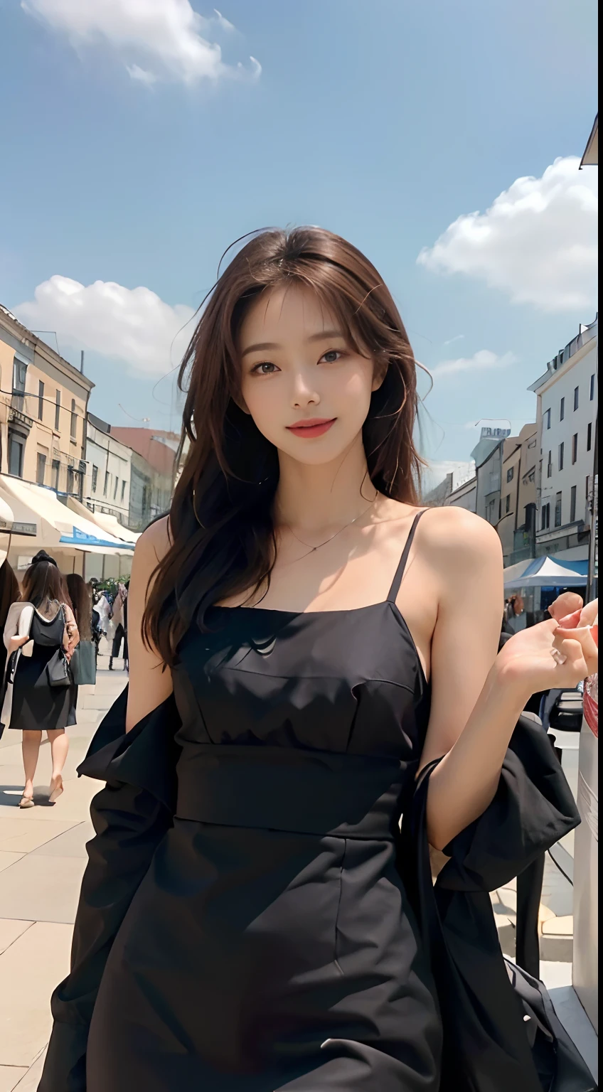 ((Best picture quality, 8K, tmasterpiece: 1.3)), self-shot, Sharp focus: 1.2, A cute beauty with a perfect figure: 1.4, Slim big breasts, ((Brown hair black)) , (Small flesh-colored dress,Highly detailed face,Happy expression,standing on your feet:1.2),((A city with blue skies and white clouds,At the cafe:1.3. Produced with a major focus on women)),Highly detailed facial and skin texture,Detailed eyes,二重まぶた