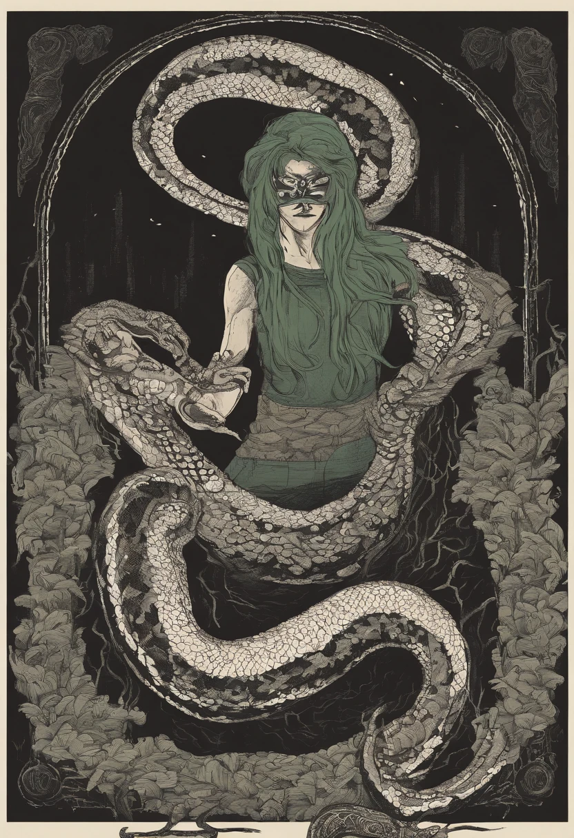 Medusa, gorgoneion, splash page comic cover art, ink style figure, ((expressive Joelle Jones and "Sean Gordon Murphy" comic drawing)), wordless, (face, ornate black metal corpse paint, resembles Grace Jones), morphology anatomy drawn Frederic Delavier musculature anatomical illustration, abyss void black no visibility darkness, (background, pine barrens, entropy, rewilding, magic hour sunset, galaxy stars, cosmos), cinematic poster, full length portrait, candid, snake skin dress, (body, Naga, snakefolk, lower body snake tail, snake woman hybrid, bald, hairless, skeleton, snake skin tattoos, piercing eyes, snake pupils, over the shoulder), craftsmanship nuance, (Gerardo Zaffino charcoal), (horror, abstract, surreal, body, cosmic), subliminal orchids, (colors, bleak muted deep fiery radiant glowing ROYGBIV, forest green, earth brown), nyctophobia, silhouette, double exposure, image within image, unfinished expressive rough-sketch, living snakes on head, snake-hair, serpent-hair,