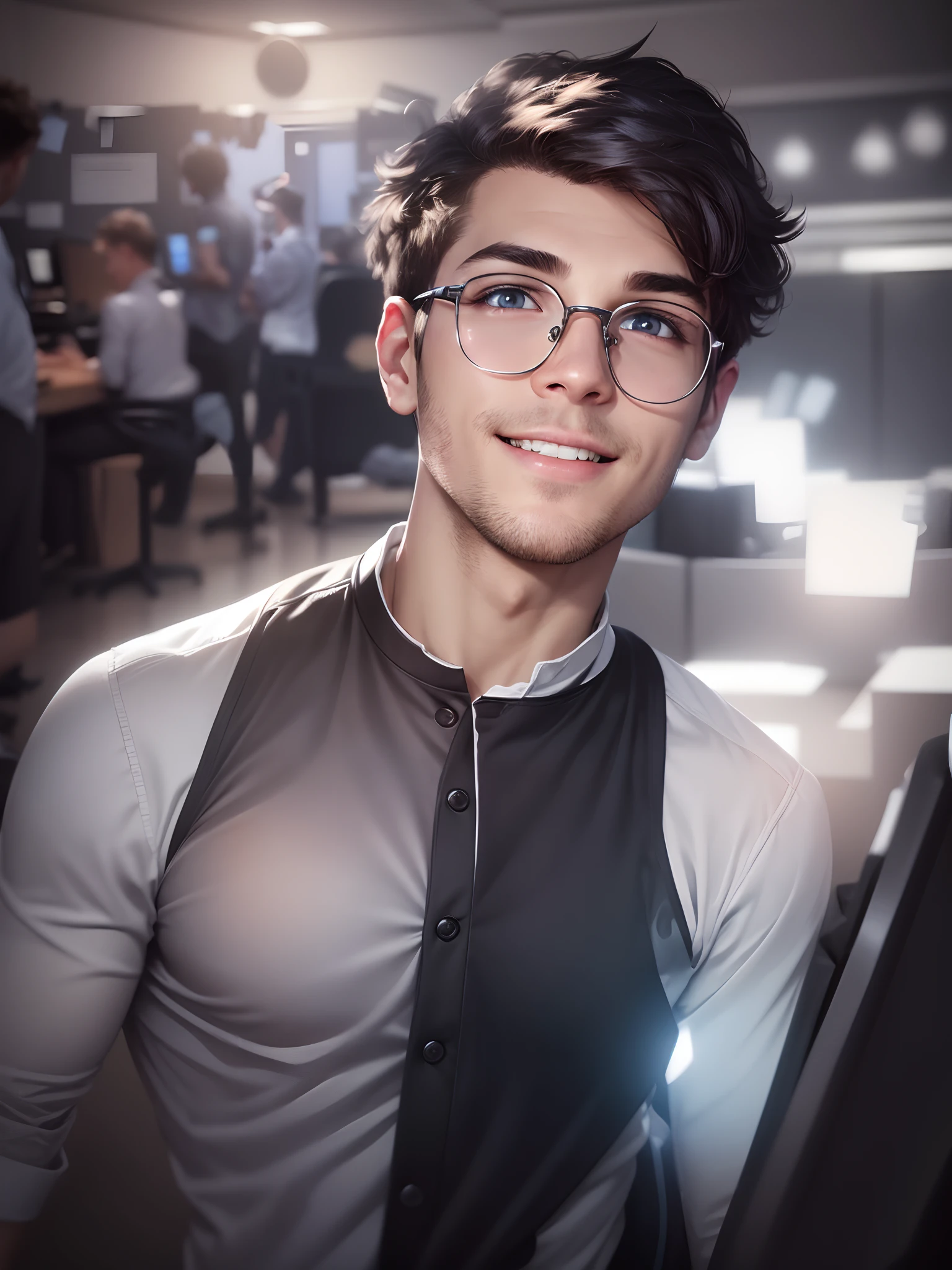 (best quality, 8k, ultra-hd, professional:1.2), cute boy with a cute smile, sharp jawline, whitish glowing skin, glowing eyes, professional costume, change background to office department
