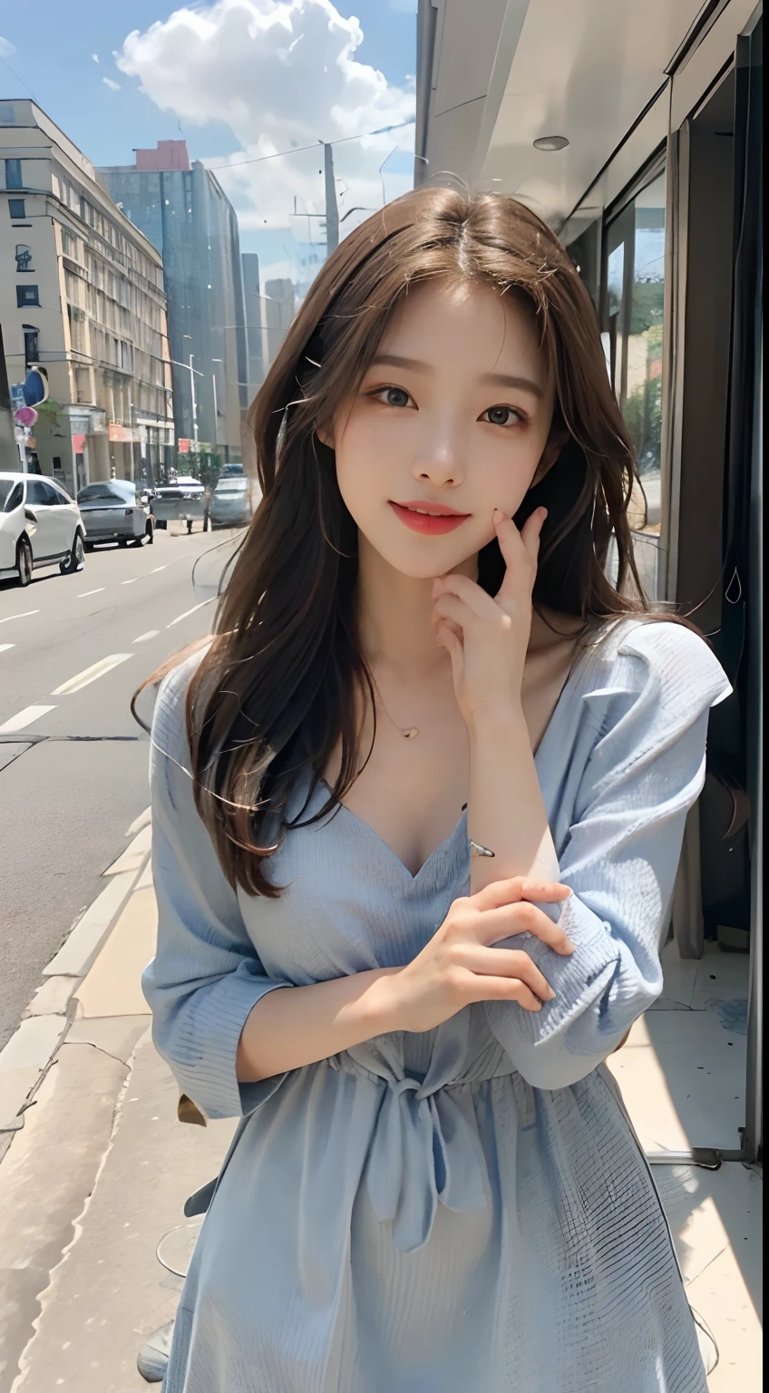 ((Best picture quality, 8K, tmasterpiece: 1.3)), self-shot, Sharp focus: 1.2, A cute beauty with a perfect figure: 1.4, Slim big breasts, ((Brown hair black)) , (Small flesh-colored dress，Highly detailed face，Happy expression，standing on your feet：1.2），（（A city with blue skies and white clouds，At the cafe：1.3. Produced with a major focus on women）），Highly detailed facial and skin texture，Detailed eyes，二重まぶた