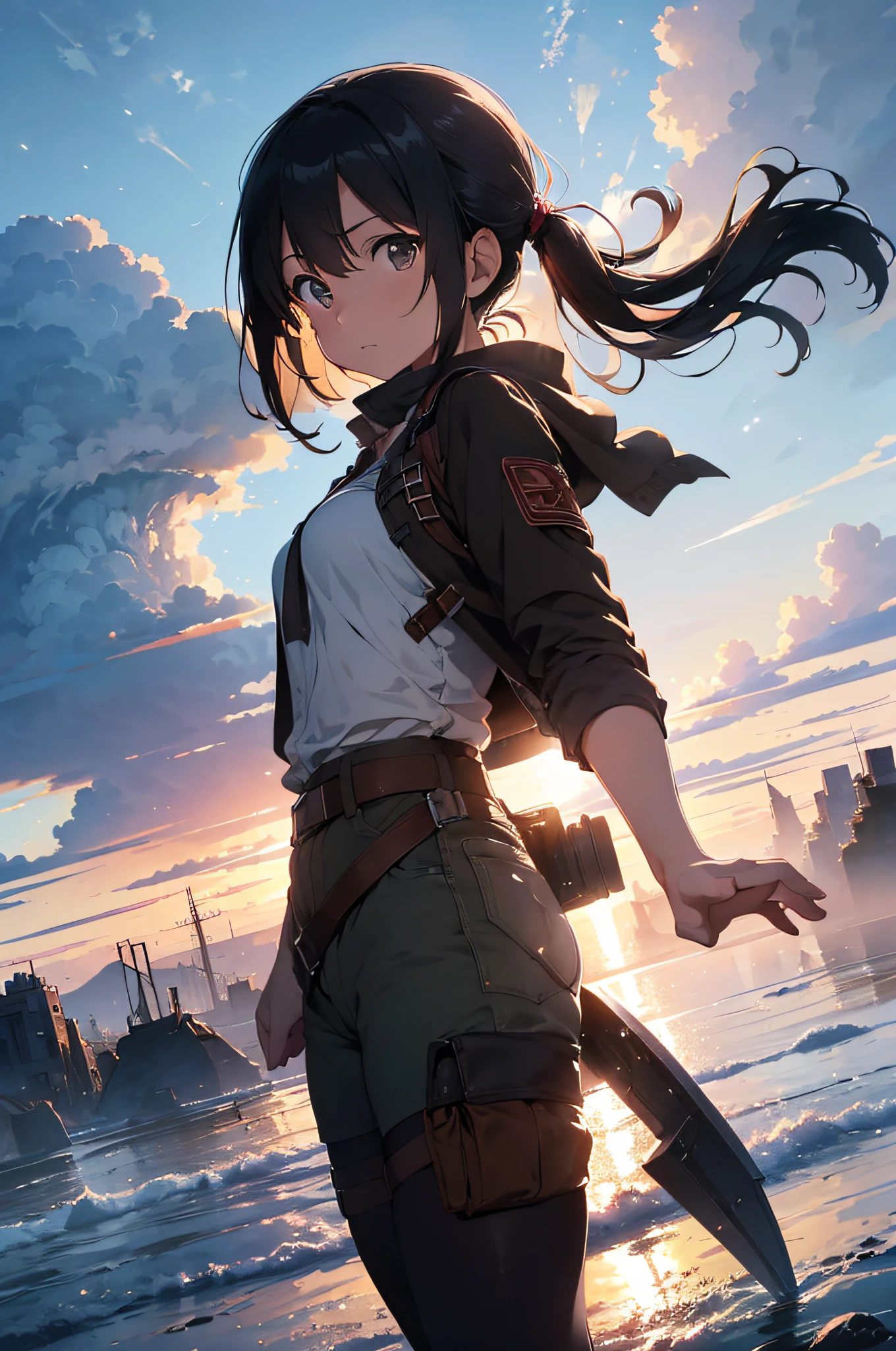 Mikasa Akerman, cutting the giant's mouth as he passes at high speed, beams of light in his movement, Attack on Titan style constructions, full body, photography, (ultra-realistic), {extremely detailed 8k CG unit wallpaper }, expansive landscape photography, (a low view that prioritizes the character and setting, wide open field view), (low angle shot), (high light: 1.7), (low light: 1.0), (source warm light: 1.5), complex details, (iridescent colors: 1.5), (bright lighting), (atmospheric lighting), dreamy, magical, Anime