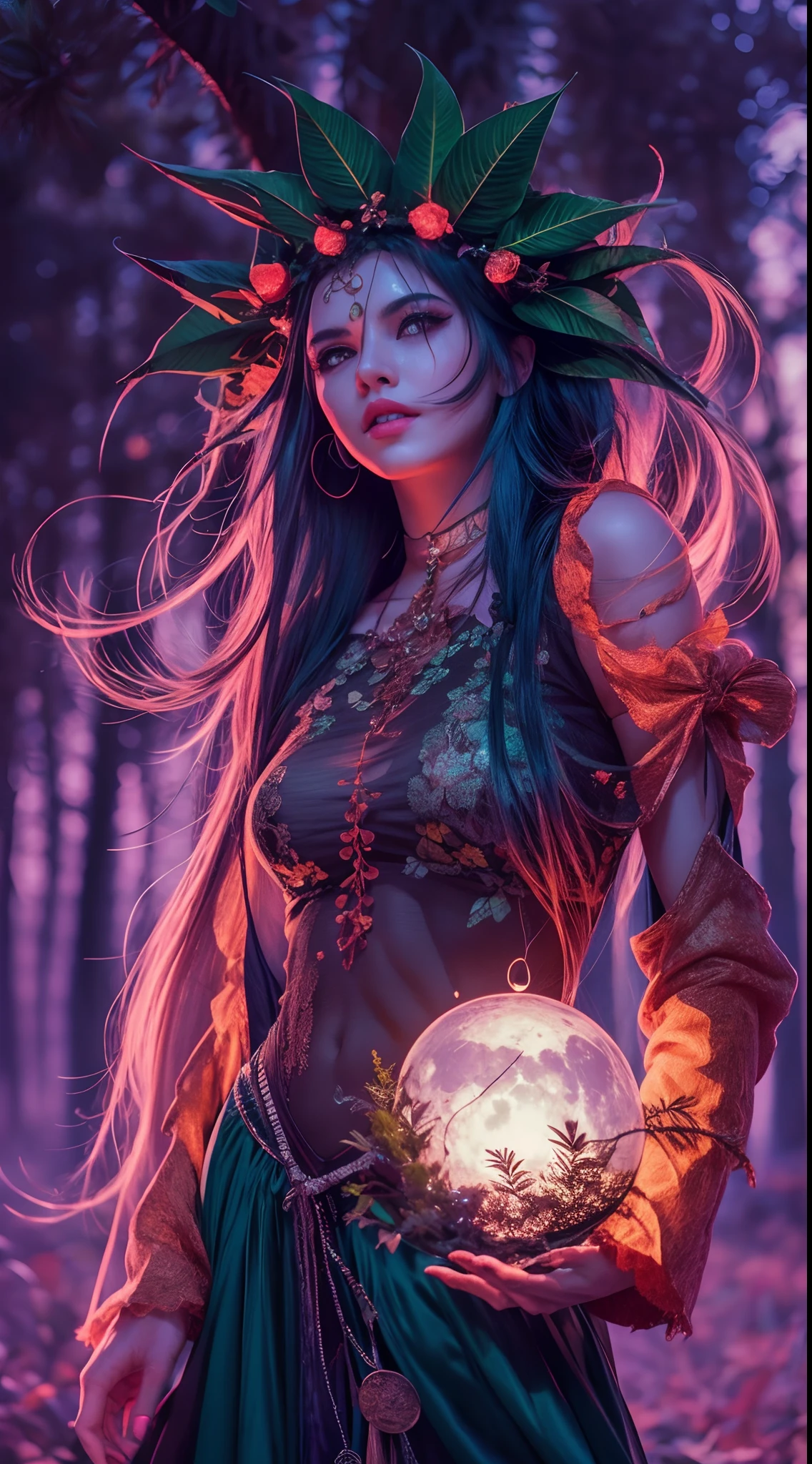 1 hermosa chica bruja, Ethereal Beauty, bruja tiene, Abrigo largo flotante, minifalda, hermoso cuerpo, cuerpo seductor, Cara hermosa, Cara detallada, ojos azules, Cabello largo, noche,Luz de la luna, luna llena, Lanzando magia de fuego, Magia de fuego a su alrededor, bosque, Forest plants with neon details, DarkFantasy, Holding a neon potion, alto contraste, Arte 4K,