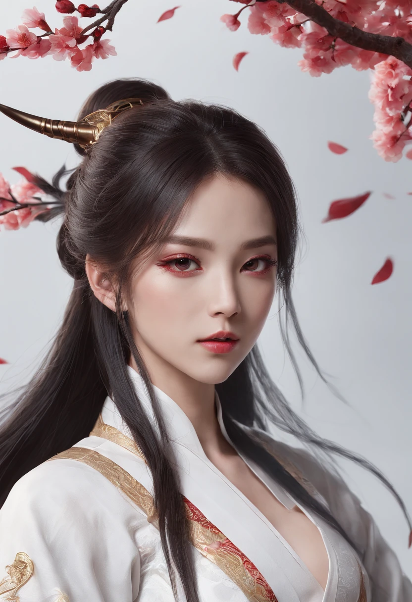 Luna Freya Knox Frey,High-tech dragon knight mech,mechanically aesthetic,Virtual Engine 5,rendering by octane,hyper HD,动态照明,art stations,poster for,Volumetriclighting,Very detailed faces,4k wallpapers,He has a delicate and beautiful face,long hair flowing,horse tailed,Fringed Hair Ornament,Dynamic perspective,White Hanfu,White gauze flying,red waistband,Sexy,Tradition Chinese Ink Painting,Surrounded by clouds,cherry blossom,fog atmosphere,Ride a white dragon,White dragon horn,dynamic viewing angle,电影灯光