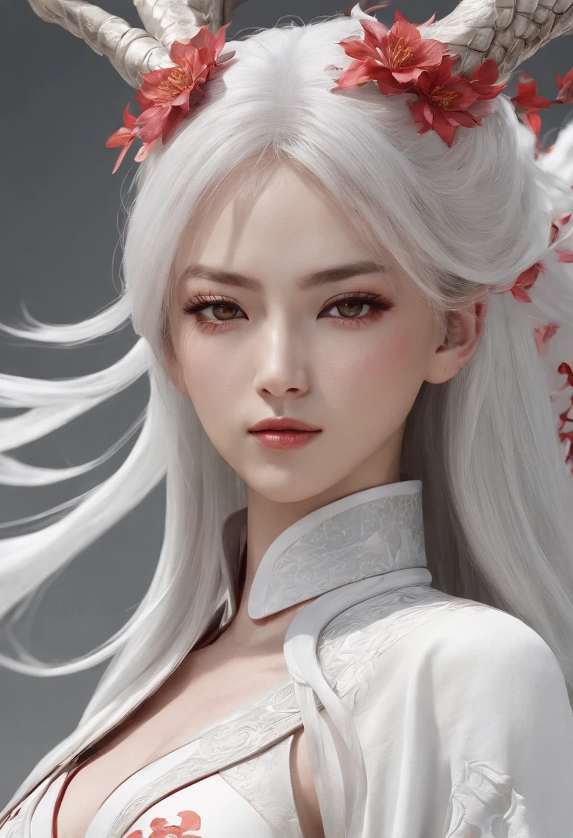 Luna Freya Knox Frey,High-tech dragon knight mech,mechanically aesthetic,Virtual Engine 5,rendering by octane,hyper HD,动态照明,art stations,poster for,Volumetriclighting,Very detailed faces,4k wallpapers,He has a delicate and beautiful face,long hair flowing,horse tailed,Fringed Hair Ornament,Dynamic perspective,White Hanfu,White gauze flying,red waistband,Sexy,Tradition Chinese Ink Painting,Surrounded by clouds,cherry blossom,fog atmosphere,Ride a white dragon,White dragon horn,dynamic viewing angle,电影灯光