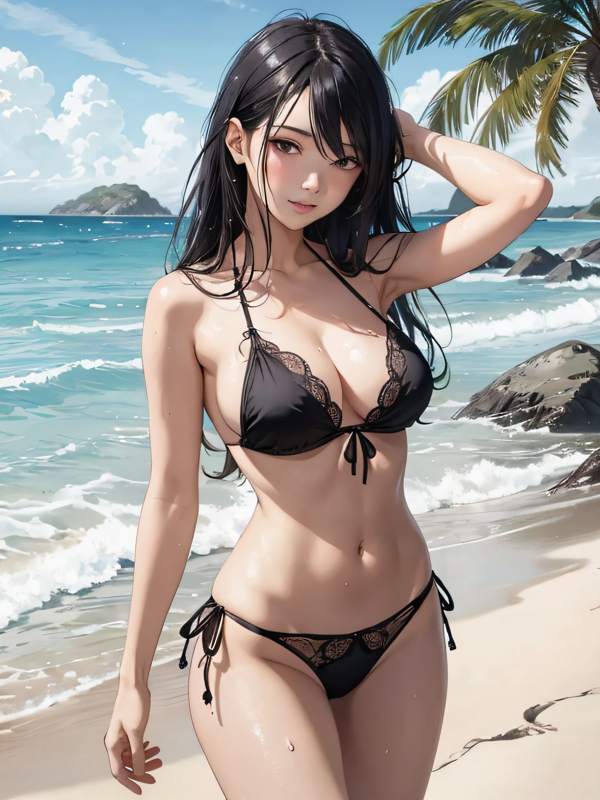 a girl in a lace bikini, wet body, medium breasts, flirtatious and cheerful look, very well detailed, beach landscape, long black hair, photorealistic image.
