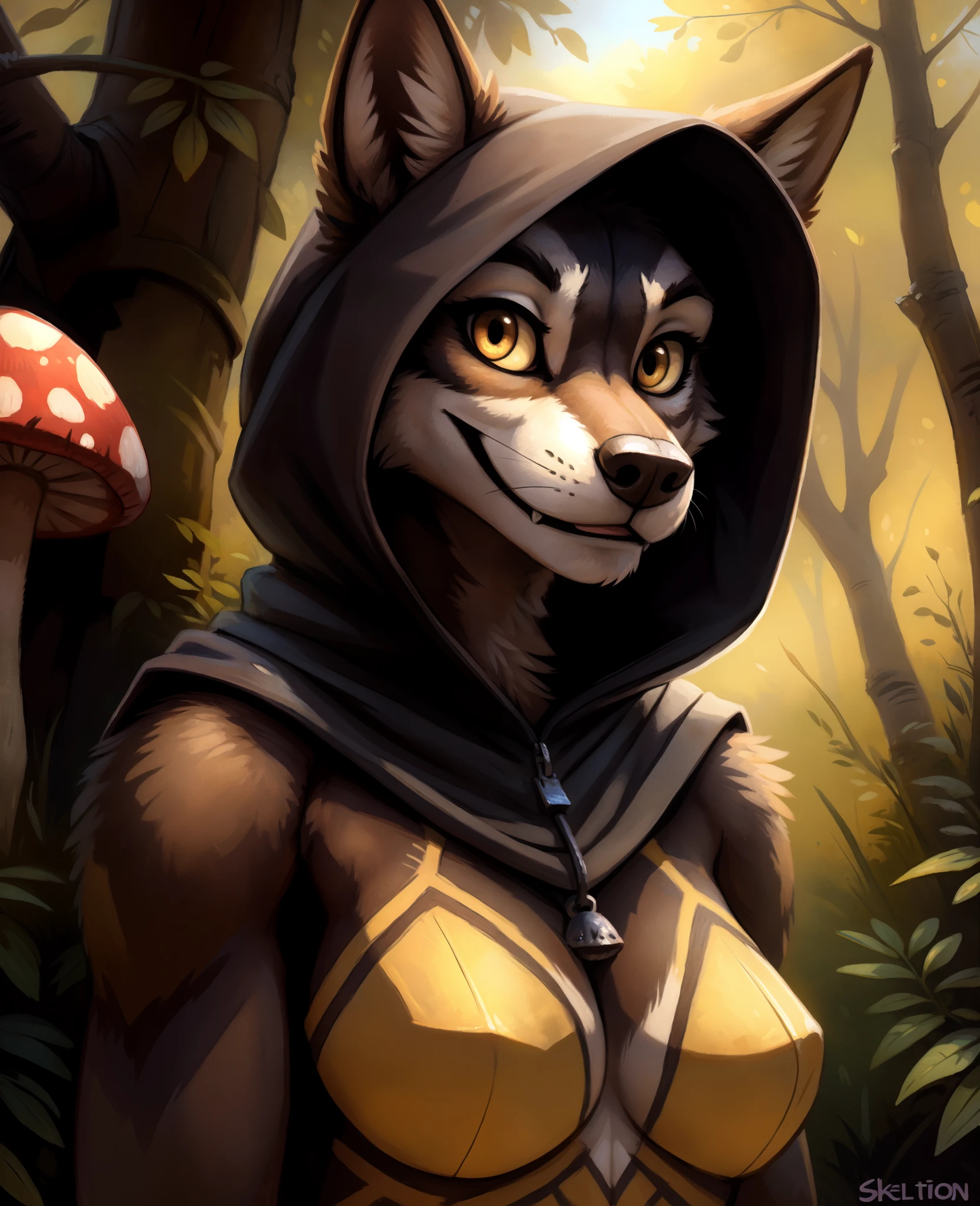 by Skeleion, anthro,  canid, wolf, juliet, yellow eyes ,  tuff, bodypaint, smile, solo, furry female, mushroom,  Hood, kenket, brown nose, skeletonbodypaint, dark gray body