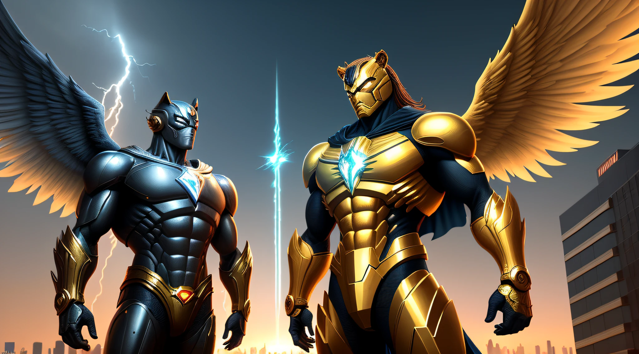 ((raw photo)), ((masterpiece)), anthropomorphic humanoid Angel Tiger wearing gold armor, intricate detail, autobot, intricate Greebles pieces, golden celestial city behind, large wings a powerful hero, vibrant colors, dynamic lighting, detailed costume, intense action scene, extraordinary abilities, breathtaking special effects, cinematic quality, epic showdown, realistic CGI, high-definition resolution, iconic superhero pose, dramatic composition, city skyline backdrop, intense facial expression, intense energy aura, superhero emblem, superhuman strength, flying abilities, lightning-fast speed, invincibility, heroic determination, explosive power, heroic justice, iconic mask, heroic cape, agile movements, intense battle intensity, superheroic charisma, immersive storytelling, larger-than-life presence, thrilling adventure, victorious triumph, ultimate superhero