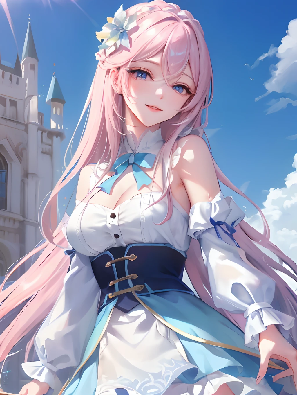 Official art, masutepiece, Sharp Focus, (Beautiful gorgeous cute European: 1.3), (Beautiful cute European: 1.3), European beauty, Delicate and beautiful hair, eyes and face, Realistic, super detailed, Beautiful Girl, Blue sky, glow white particle, (Side lighting: 1.2), Sunlight, white clouds, detailed clouds, slim, Beautiful oversized breasts and very large hips, Smile with teeth, ((Smile with eyes, open both eyes)), ornamented, Long straight hair, sexy facial expression, building, (Cityscape: 1.7), Dynamic Hair, Long straight hair, Detailed platinum pink hair, Glowing blue eyes, (blue pleated shirts + White skirt), White long socks, pale skin, Hair decoration, Epic Landscapes.Beautiful girl real photo 8k