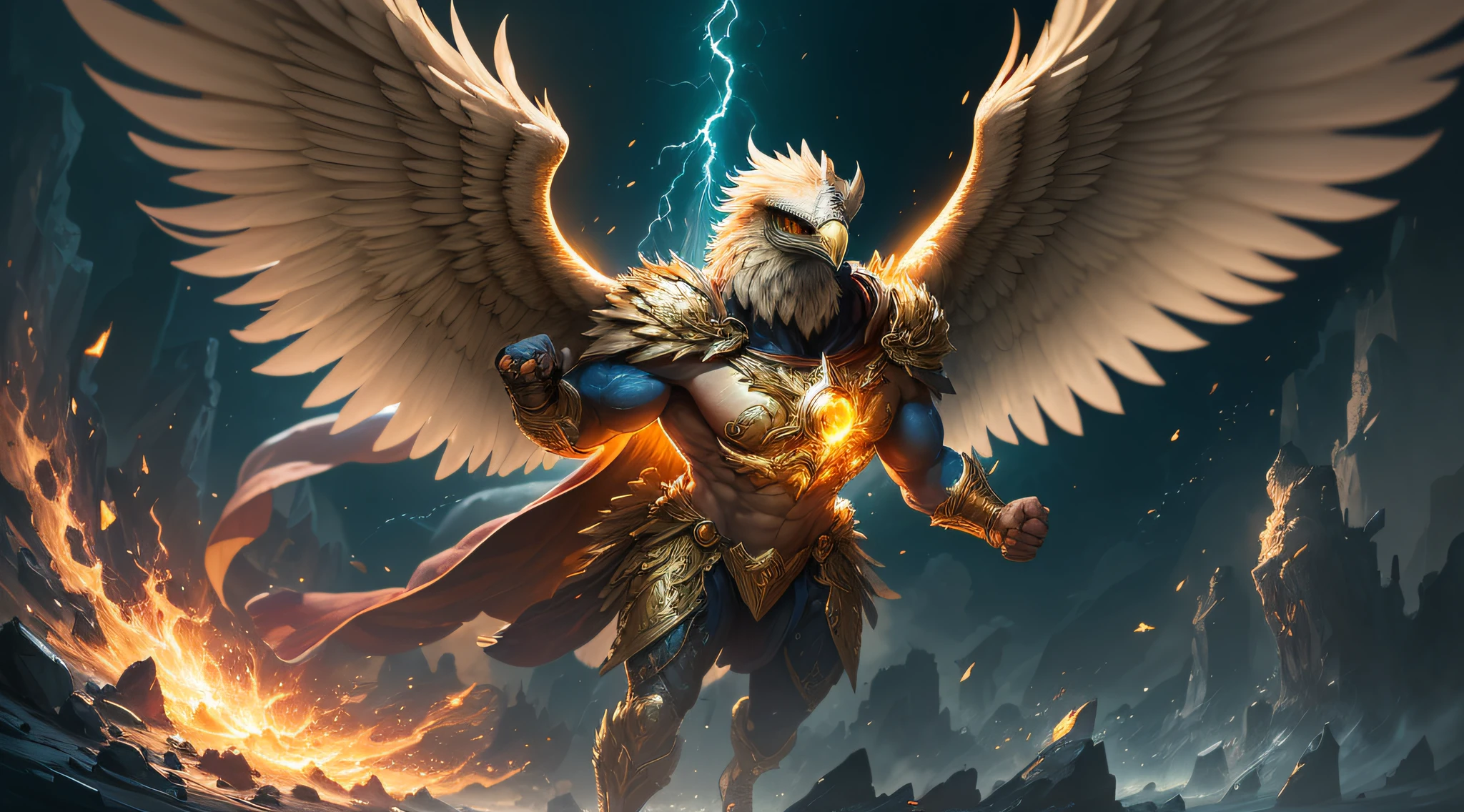 The anthropomorphic eagle vulture can be described as having a human body and (eagle's head) and golden wings, human arms, upright walking creatures, ((beautifully detailed griffin)) (extremely detailed CG Unity 8k wallpaper), professional majestic oil painting by Ed Blinky, Atea Gaylan, Studio Ghibli, Jeremy Mann, Greg Manches, Antonio Exhibited at ArtStation, Moreau was popular at CGSociety, with dramatic photorealistic paintings by Complex, High Detail, Sharp Focus, Midjourney, and Greg Rutkowska. super high resolution, best quality, photos, 8K, (Realistic: 1.2), cinematic lighting, giant in bright gold robe with golden feathers, floating on the crystal throne, floating on a crystal cloud, yellow eyes, bright yellow light emanating from the throne, gemstone floating in the sky, God, a beam of light shrouds his body, The crystal throne has large translucent (golden feathered wings) with wings spread, Golden light overhead (aura: 1.2), abdominal muscles wearing medieval golden armor, golden feathers, masculinity, darkness, masterpiece, best quality, intricate details, snow environment and crystal in background, crystal cathedral, futuristic portal, 3D light, HD, magic, light god, backlight, detailed face, fear, depth of field, soft lighting, tone mapping, high detail, concept art, smooth, clear focus, dramatic lighting, highly detailed art, film, 8K, Amazing shadows (highly detailed background: 1.2)   a powerful hero, vibrant colors, dynamic lighting, detailed costume, intense action scene, extraordinary abilities, breathtaking special effects, cinematic quality, epic showdown, realistic CGI, high-definition resolution, iconic superhero pose, dramatic composition, city skyline backdrop, intense facial expression, intense energy aura, superhero emblem, superhuman strength, flying abilities, lightning-fast speed, invincibility, heroic determination, explosive power, heroic justice, iconic mask, heroic cape, agile movements, intense battle intensity, superhe --auto --s2