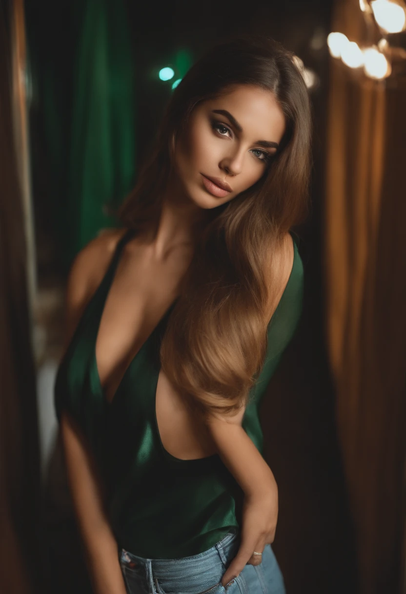 mulher arafed com uma regata branca e um colar,  com olhos verdes, Retrato Sophie Mudd, cabelos castanhos e olhos grandes, Tiro de corpo inteiro, Deusa morena,  Pose de quatro, nua, sexy