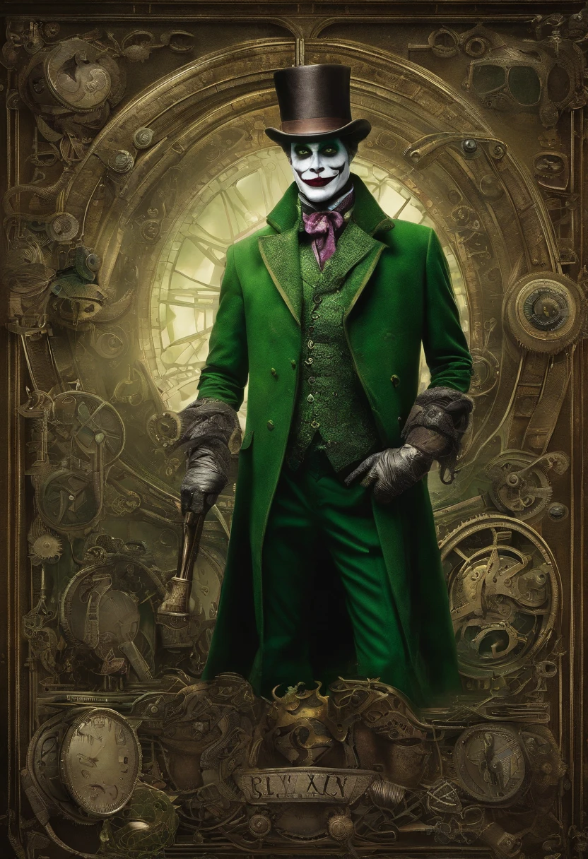 The Dark Joker with Green Evil Light eyes and lighting green thunder Dc , scary, Classic Academia, Flexography, ultra wide-angle, Game engine rendering, Grainy, Collage, analogous colors, Meatcore, infrared lighting, Super detailed, photorealistic, food photography, Cycles render, 4k