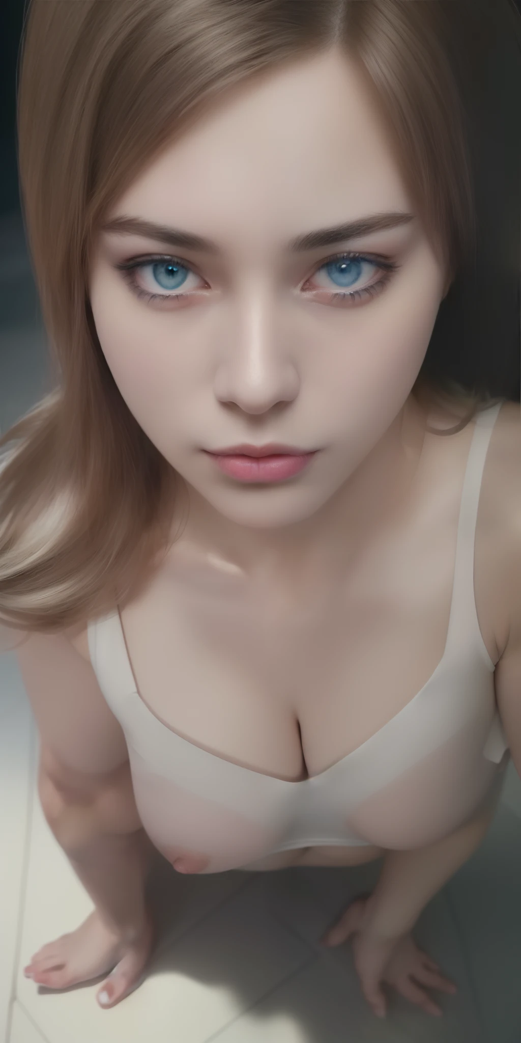 (full body shot) ((bird view photo)) a wavy hair European woman, incredible blue eyes,, luminous design, masterpiece, best quality, extremely detailed 8k, ultra hd, ultra-detailed, highly detailed, highly realistic, (ultra-realistic), hyperrealistic, Real life style, (((top quality, masterpiece: 1.3)), (masterpiece), (best quality), (ultra-detailed),(nudes:1.2), (RAW photo:1.2),(masterpiece:1.3), (best quality:1.4), ultra high res, HDR, 8k resolution, dreamlike, check commentary, commentary request, scenery,((no text)), (full body), (detailed eyes),(detailed facial features), 1girl, araffed woman in white dress posing in front of a wall, super villain, beautiful russian woman, cosplay, cute girl with short pink hair, smooth white tight clothes suit, sexy look, ((pubic hair)), cinematic lighting, (full body shot), depth of field, ultra fine details, detailed clothing, detailed scenery, (perfect face, detailed face, detailed eyes) (cinematic:1.5)(Top Quality, 8k, 32k, Masterpiece, UHD: 1.3)