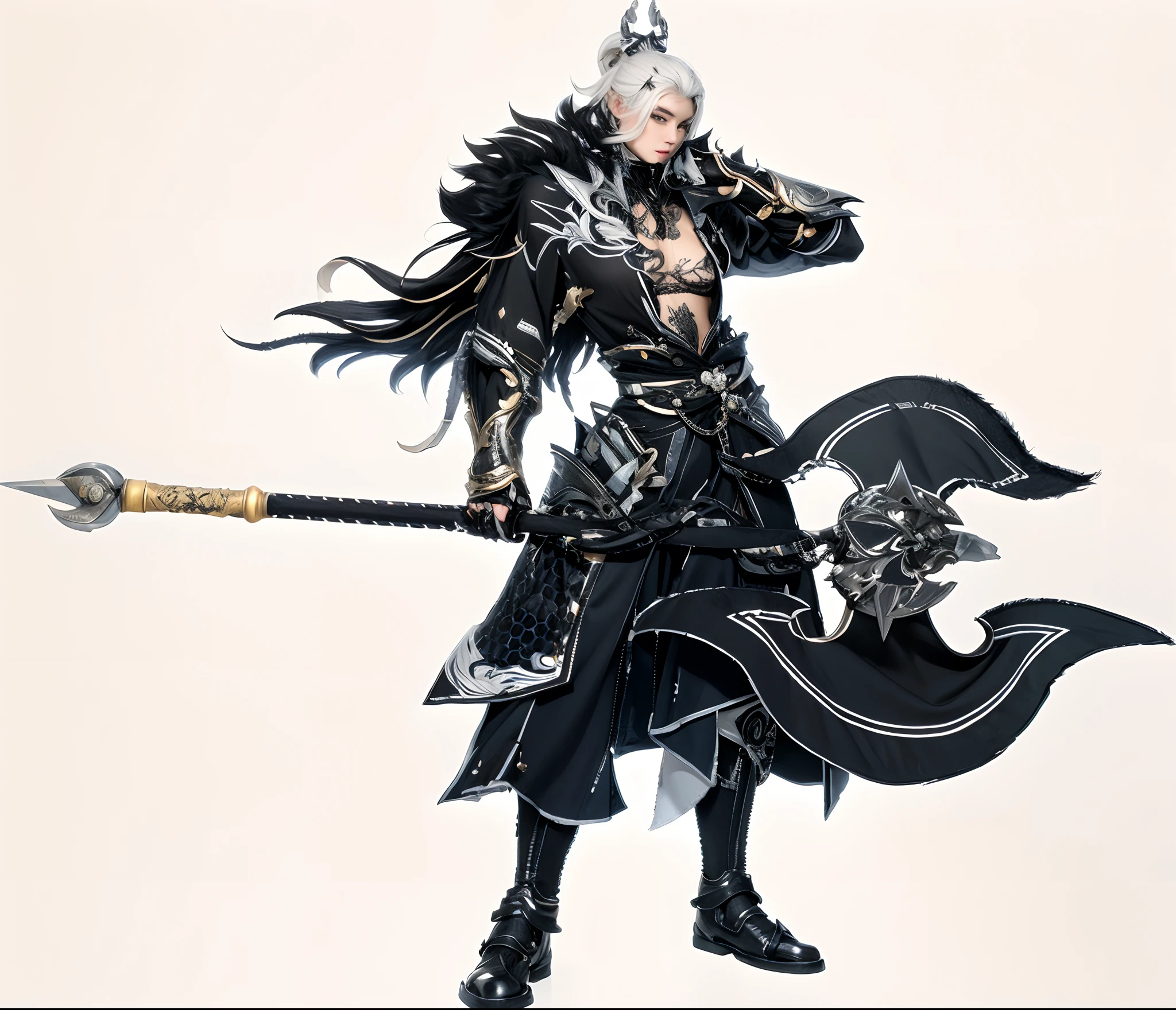 White hair, The eye, (Wear black fur), (Exposing the abdomen), Light pants and shoes, (Dark waist equipment), (Tattoos on the right hand and chest), Axe in left hand, solo person, 超高分辨率, Best quality, Realistic medium detail character design, Simple white background wall,((yellow clothing)),male people