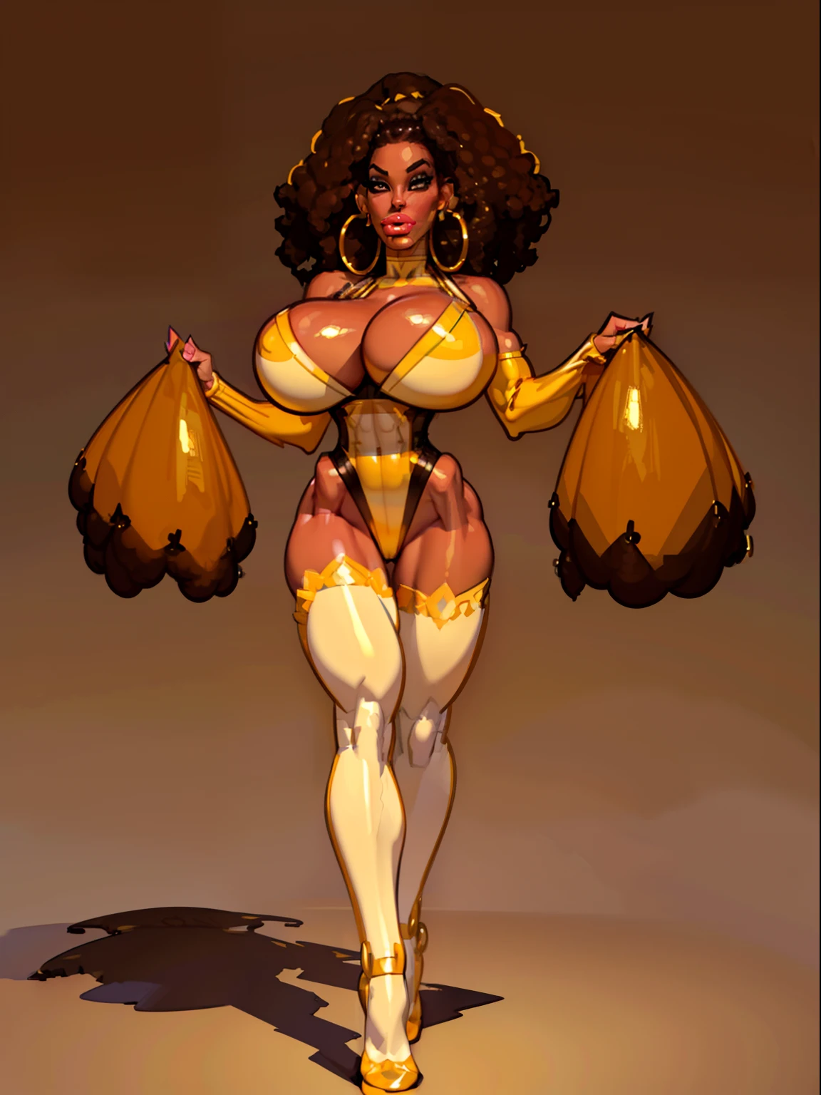 ((masterpiece)),(((best quality))),((character sheet)), ((full body view)) ((black woman)) ((afro)) ((seductive pose)) mature face, defined cheekbones, high cheekbones, illustration, girl, muscular, ((afro:1.4)), sexy bimbo, (gigantic breasts:1.7) black hair, ((detailed face:1.4)) beautiful woman, (yellow leotard:1.4), (gold hoop earrings:1.6), (thighhighs:1.4) (yellow lipstick:1.5) , shiny skin, scribbles and marks,(puffy lips:1.5) , rough sketches, 8k,16k, (simple background, white background: 1.3), yellow and black color palette, brown legs, orange arms, (brown skin:1.7)