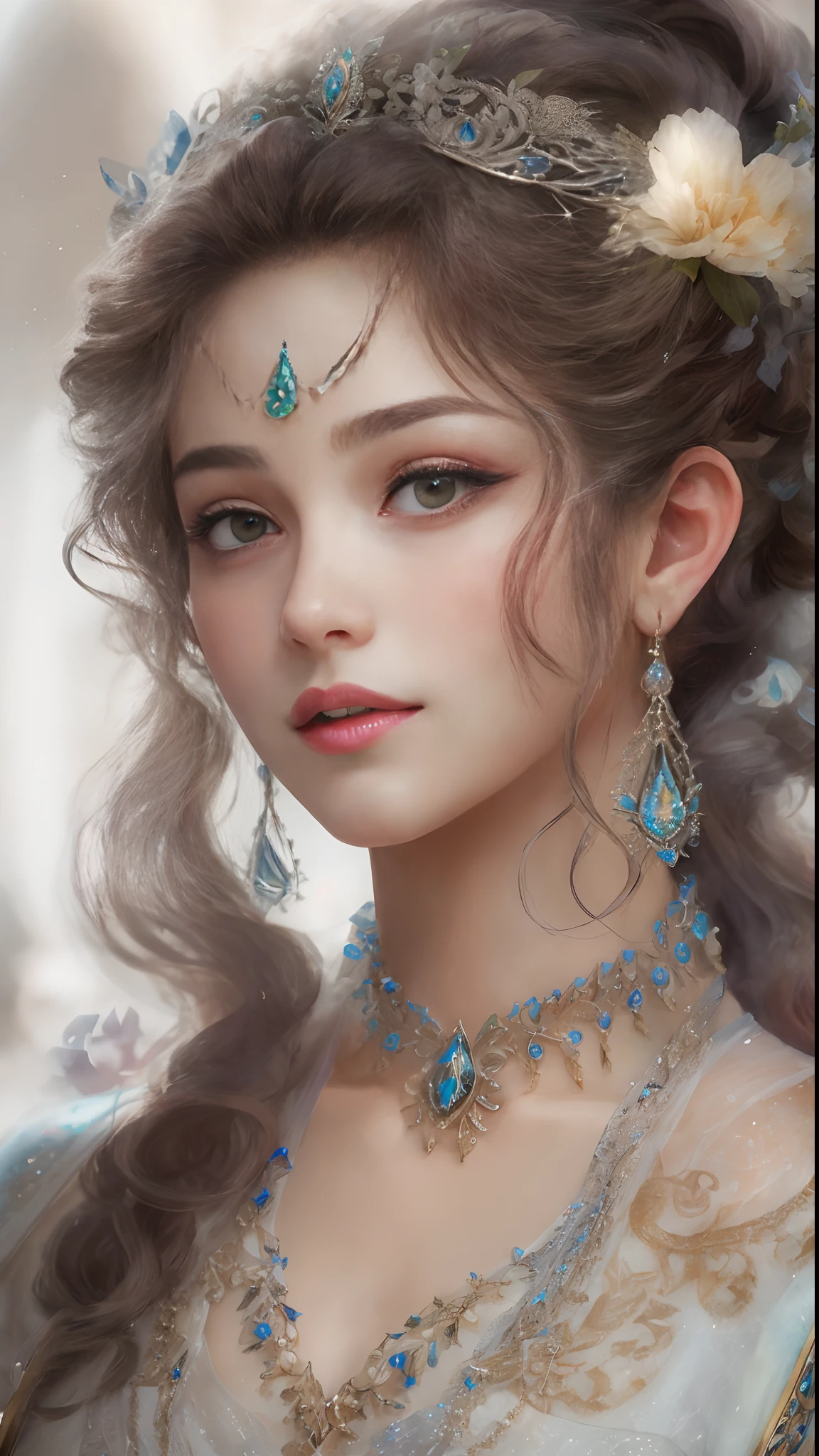 (Best quality, 4K, 8K, A high resolution, Masterpiece:1.2), Ultra-detailed, Realistic portrait of the upper body of an 18 year old aristocratic girl, Exquisite facial features，Clear and shiny eyes，Long curly hair details expressed, The posture is leisurely and natural，Graceful posture, The golden ratio of the head and body，Dreamy atmosphere, expressive brush strokes, mystical ambiance, Artistic interpretation,Delicately coiled hair，Floral filigree crystal diamond jewelry，Ultra-extreme detail，Exquisite details，Fresh aesthetics，Stunning intricate costumes, Fantasy illustration, Subtle colors and tones, mystical aura,The details have been upgraded