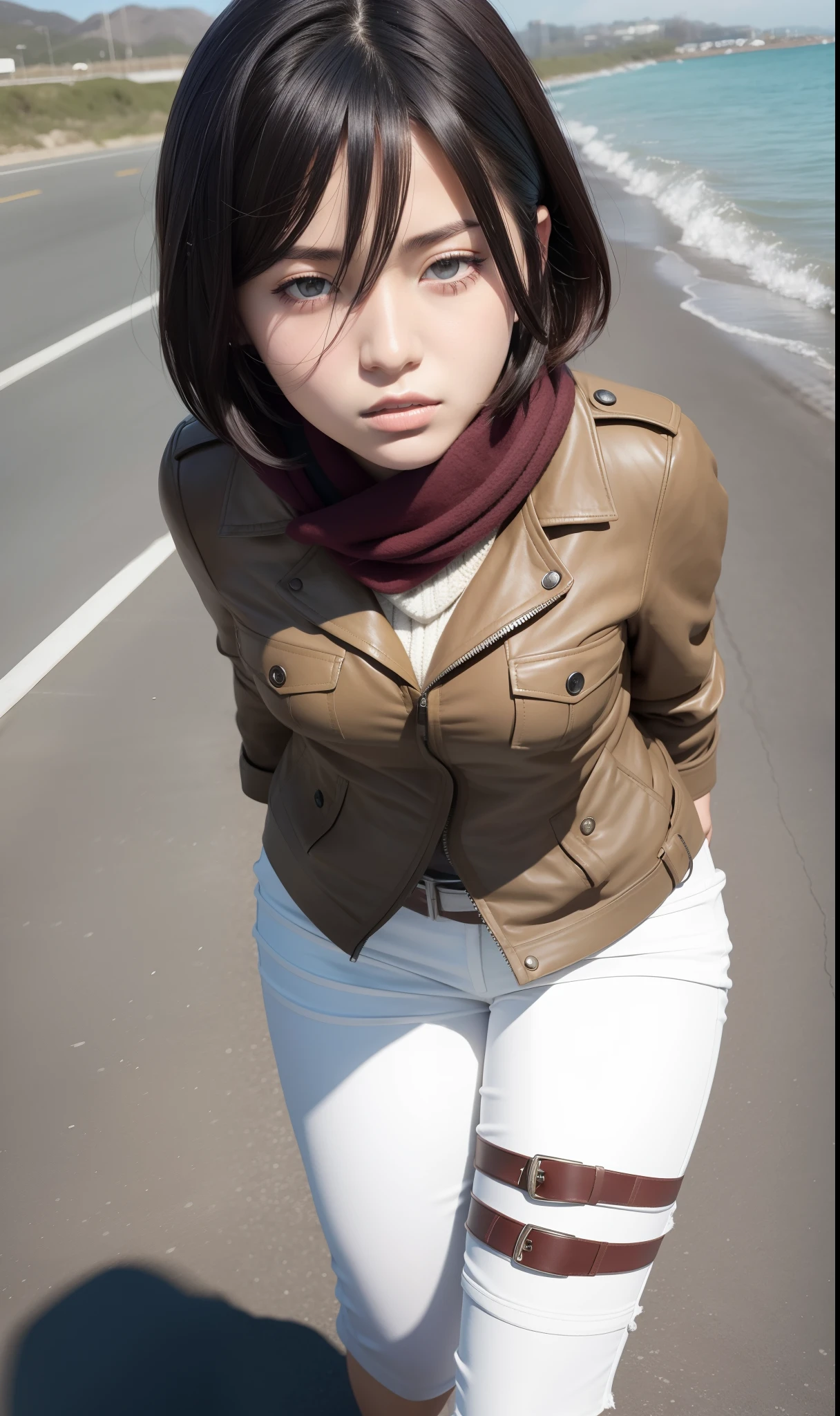 1girl, Mikasa Ackerman, brown jacket, short hair, black hair, realistic, ultra detail, 70mmlens