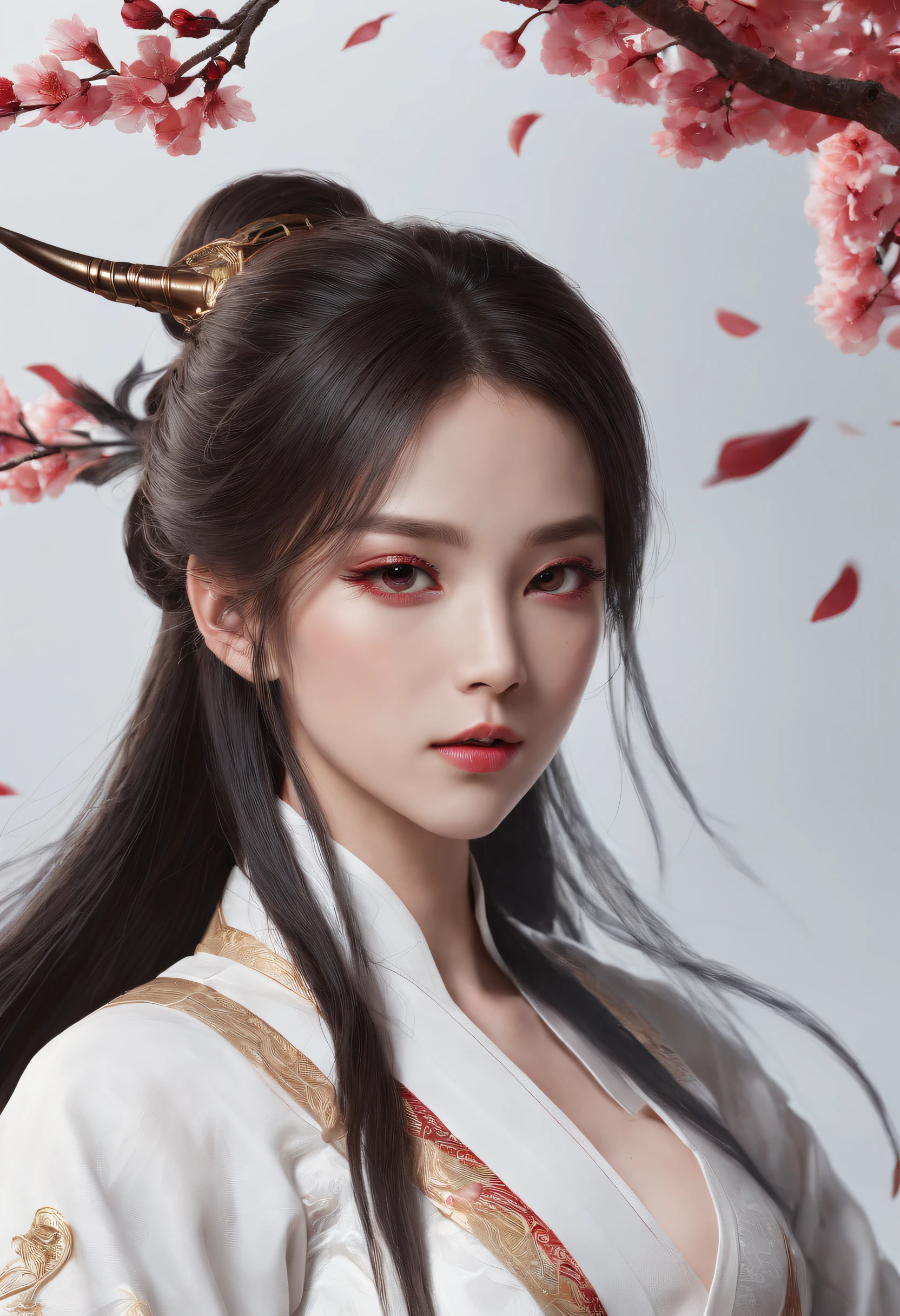 Luna Freya Knox Frey，High-tech dragon knight mech，mechanically aesthetic，Virtual Engine 5，rendering by octane，hyper HD，动态照明，art  stations，poster for，Volumetriclighting，Very detailed faces，4k wallpapers，He has a delicate and beautiful face，long hair flowing，horse tailed，Fringed Hair Ornament，Dynamic perspective，White Hanfu，White gauze flying，red waistband，Sexy，Tradition Chinese Ink Painting，Surrounded by clouds，cherry blossom，fog atmosphere，Ride a white dragon，White dragon horn，dynamic viewing angle，电影灯光