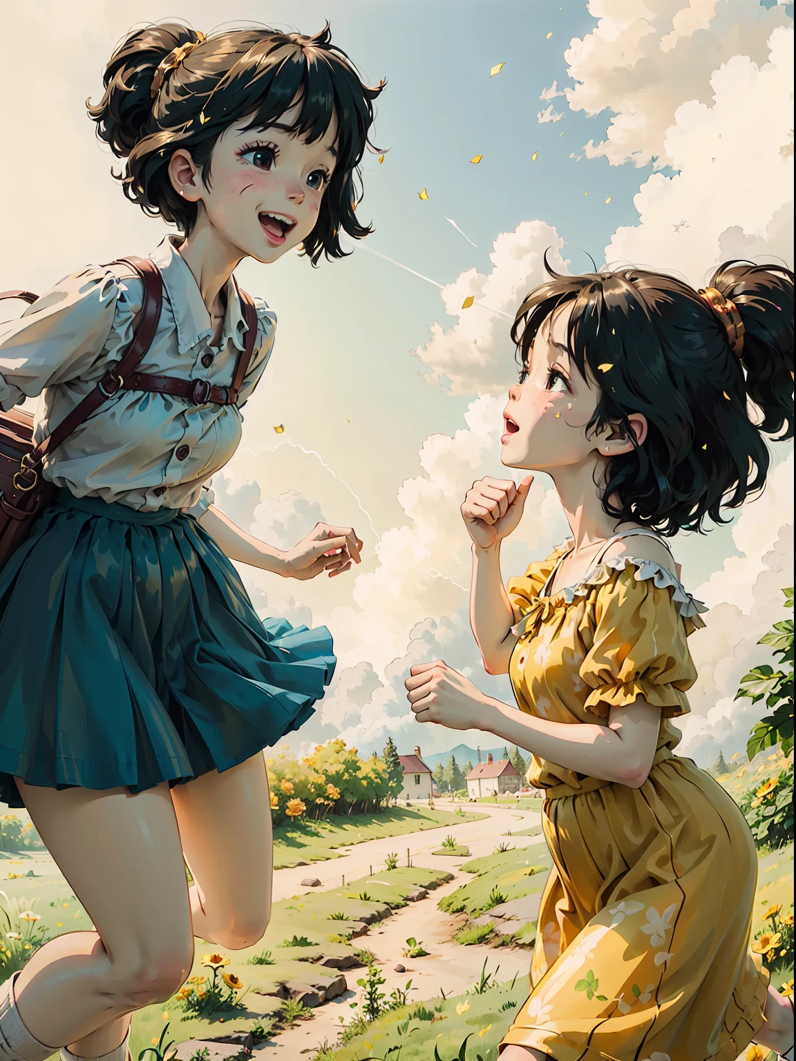 (best quality,4k,8k,highres,masterpiece:1.2),ultra-detailed,(realistic,photorealistic,photo-realistic:1.37),colorful, bright lighting, enchanting atmosphere,a group of children,excited expressions, amazement,surprised,joyful,pointing fingers,open-mouthed,big sparkling eyes,magic,unbelievable,gleaming rainbow,floating in the sky,twinkling colors, vibrant hues,puffy white clouds,golden sunshine,green grassy field,playful laughter,running and jumping,giggles and screams,curiosity spark,innocence and wonder,row of colorful houses,happy and carefree,youthful energy.
