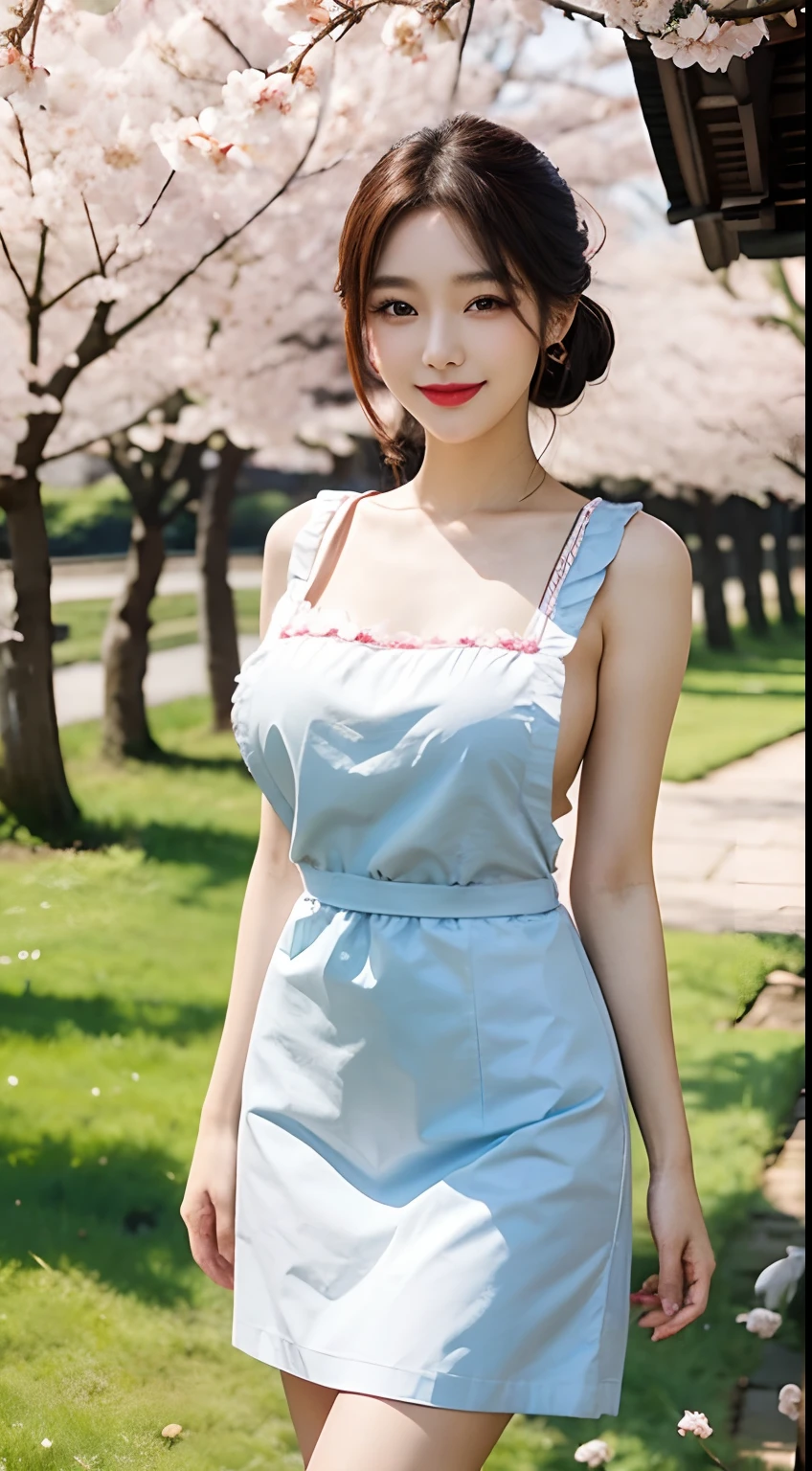 Beautiful Girl, Korean makeup, Red lips, smile lightly, Perfect body, big breasts, thigh, apron dress, View of the Japanese Manor, cherry blossom tree, grass,