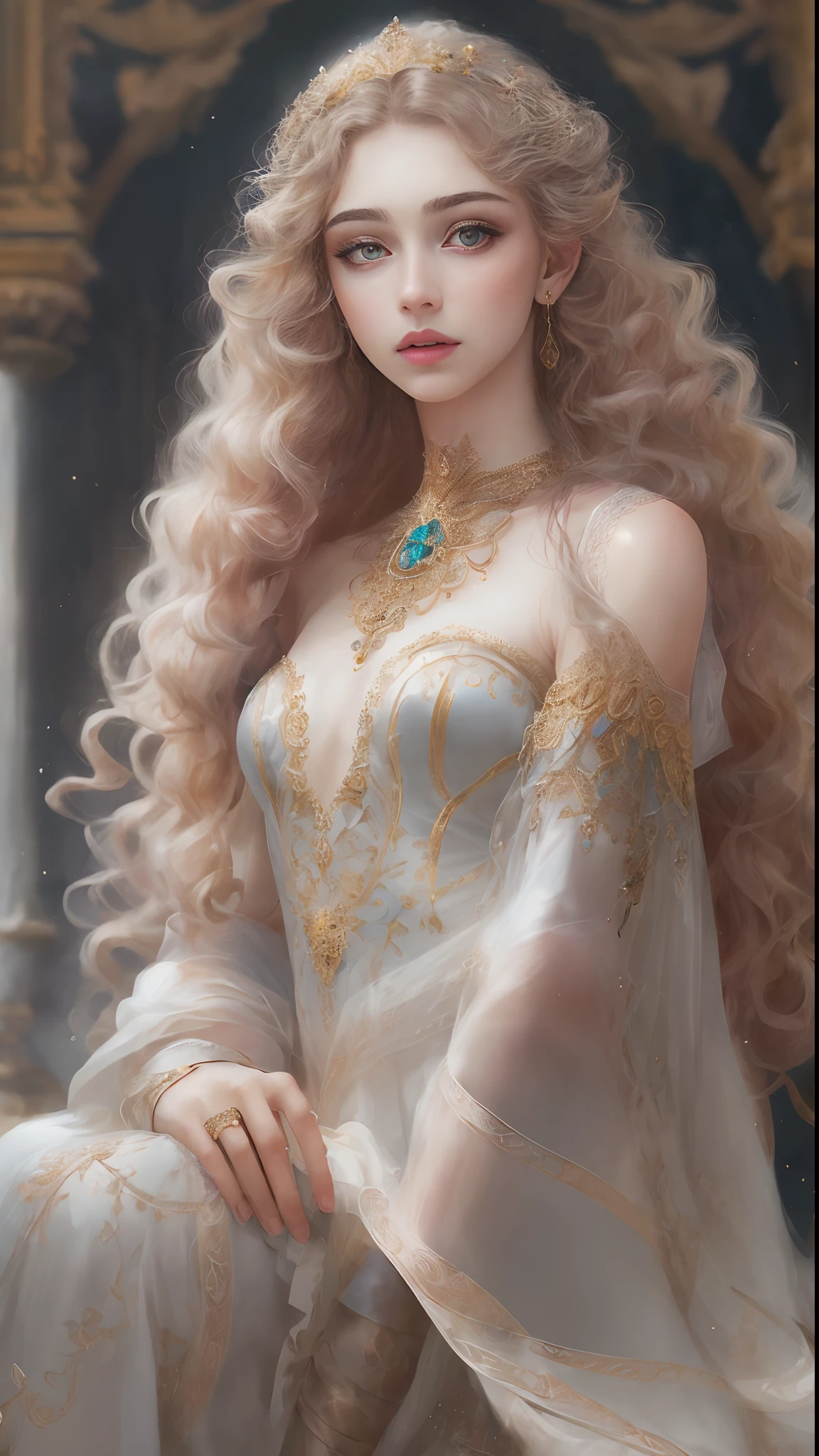 (Best quality, 4K, 8K, A high resolution, Masterpiece:1.2), Ultra-detailed, Realistic portrait of the upper body of an 18 year old aristocratic girl, Exquisite facial features，Clear and shiny eyes，Long curly hair details expressed, The posture is leisurely and natural，Graceful posture, The golden ratio of the head and body，Dreamy atmosphere, expressive brush strokes, mystical ambiance, Artistic interpretation,Delicately coiled hair，Floral filigree crystal diamond jewelry，Ultra-extreme detail，Exquisite details，Fresh aesthetics，Stunning intricate costumes, Fantasy illustration, Subtle colors and tones, mystical aura,The details have been upgraded