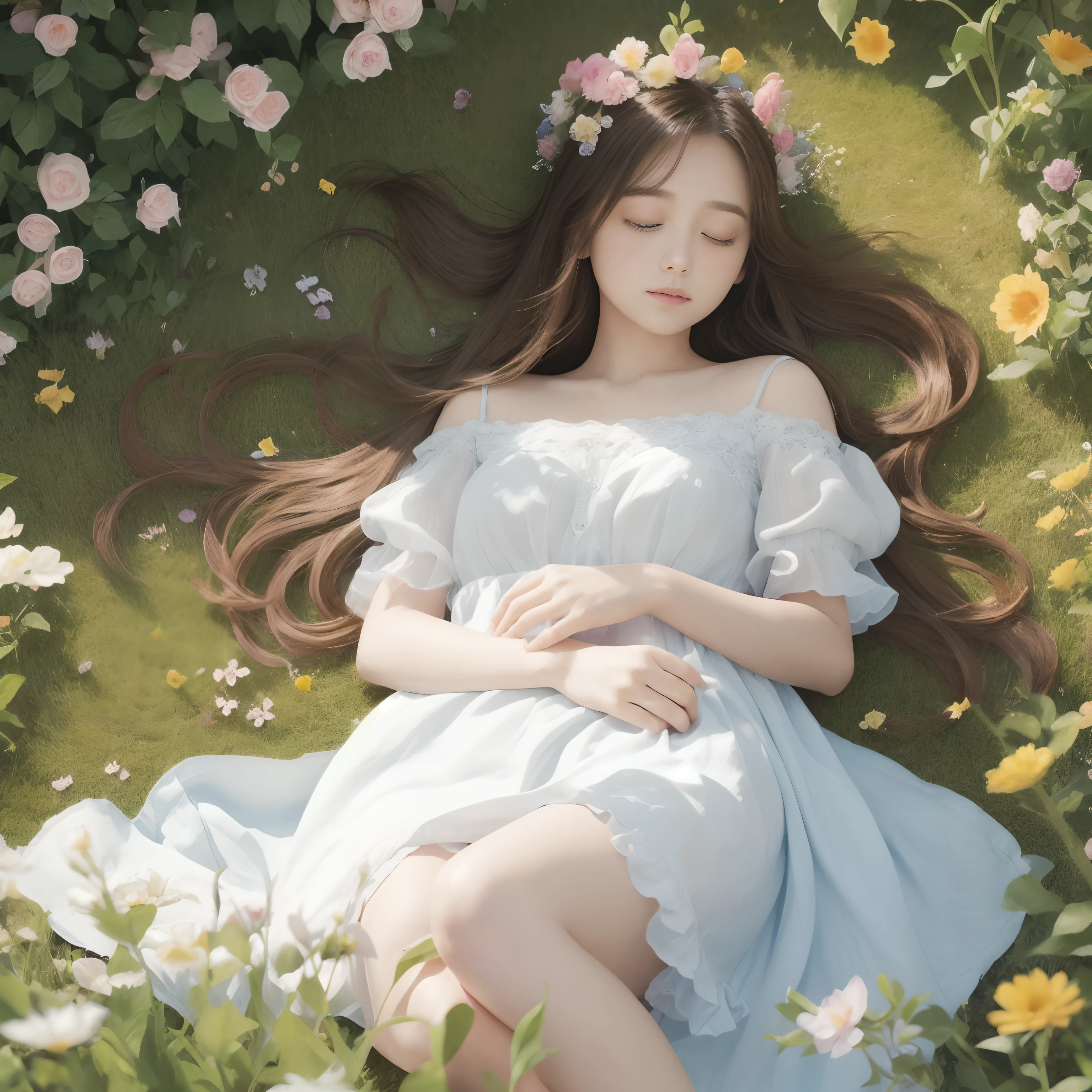 Under the gentle sunshine、Create a beautiful illustration of a long-haired girl sleeping in the center of a flower garden. Her hair should be fluttering in the wind, vivid flowers々Surrounded by. Illustrations must be high resolution, with exquisite details. Use a color palette of muted pastel tones、convey elegance and tranquility.