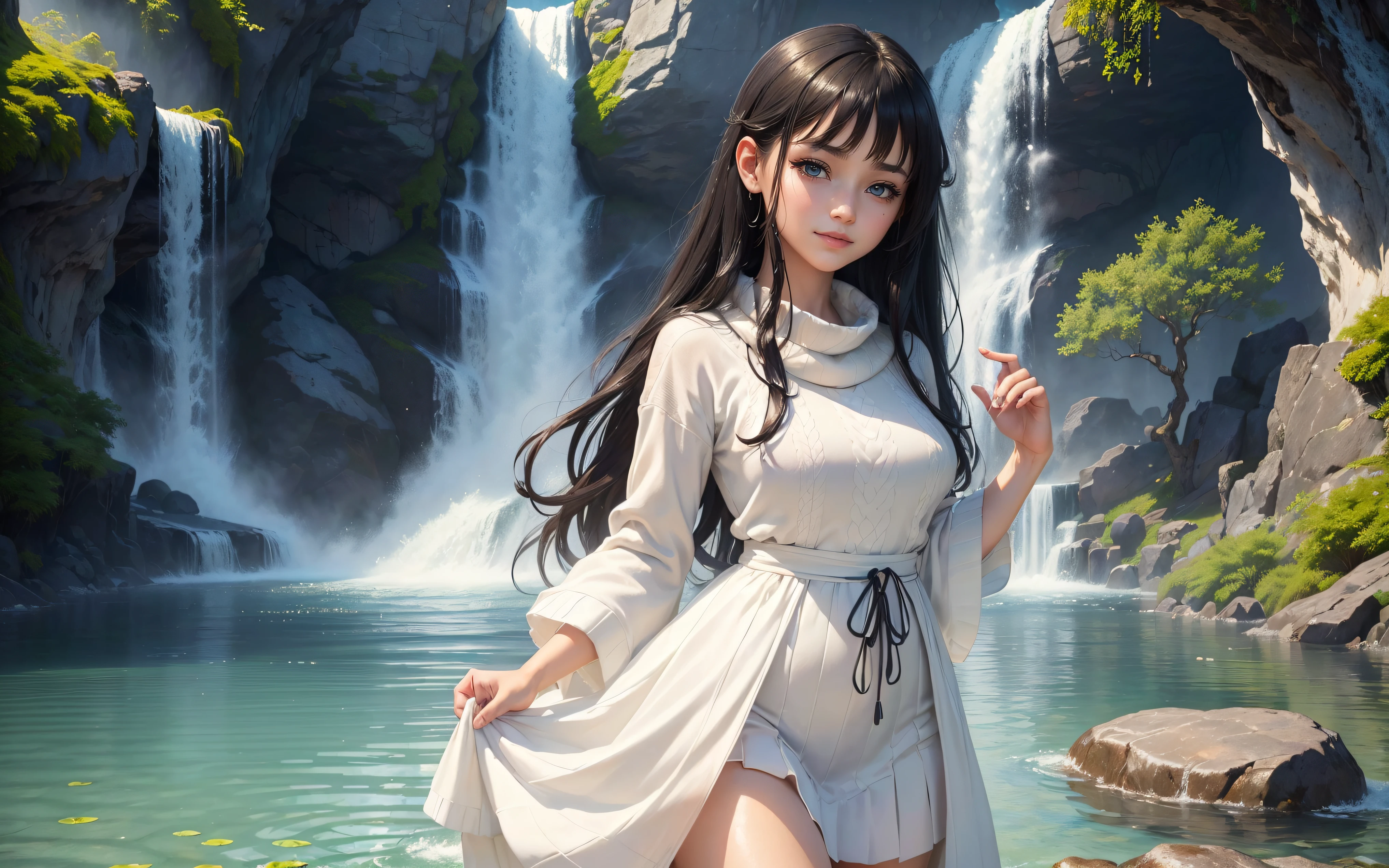 (Best picture quality, 8K, masterpiece: 1.3)), Sharp focus: 1.2, ((Not Sexy)), ((Cute girl Face, Both Eyes same)), (One Girl, , Slightly Skinny, Two legs, hide fingers) ((Perfect Face, Perfect Eyes, Bangs, Slim Cheeks, Perfect Lips)), ((Highly detailed face, Smile, standing on your feet:1.2)), ((Highly detailed facial and skin texture)), (Black hair), (Full traditional clothes, wearing full clothes), (cute), (anime girl in a White dress standing in a pool of water, full sweater, Long skirt, pool, waterfall, lake, artwork, fantasy art style, art, closeup fantasy with water magic, CGI anime fantasy artwork, art)