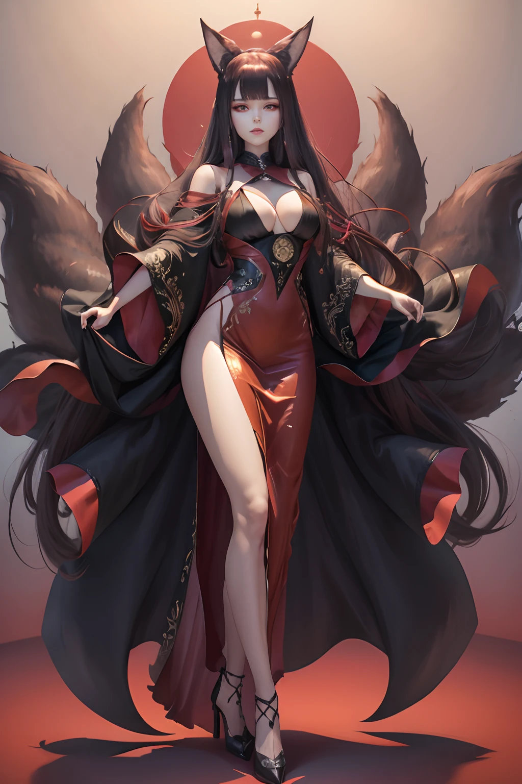 Ballroom, red evening dress with white fur trim, long brown hair with bangs, open toe black high heel shoes, long brown fox ears with dark inner fur, kitsune, 9 long fluffy brown fox tails, dancing, looking at viewer, tall, slender, full body shot, large bust, mature look, large amber eyes, pretty angular face, smirking expression, long legs, wearing black gloves, long slender fingers