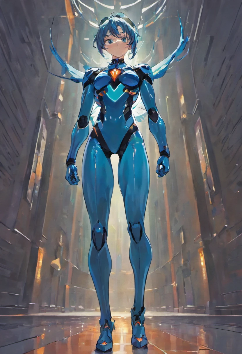 8k ((full body view:1.4)) (large eyes:1.3), defined cheekbones, 1woman, ((the pit style:1.4))((defined jawline:1.2)) ((sleek chrome bodysuit:1.6)) (detailed face:1.5), blue skin,(puffy lips:1.5) (blue skin:1.6), (bald woman:1.7), (skinhead) ((stands confident)),(Muscular:1.3), ((gigantic breasts:1.5)) ((front view:0.6)), )highly detailed, majestic, digital photography, art by artgerm and ruan jia and greg rutkowski, ((metal wings on back:1.4)), (masterpiece, sidelighting, intricate details, black and blue color palette
