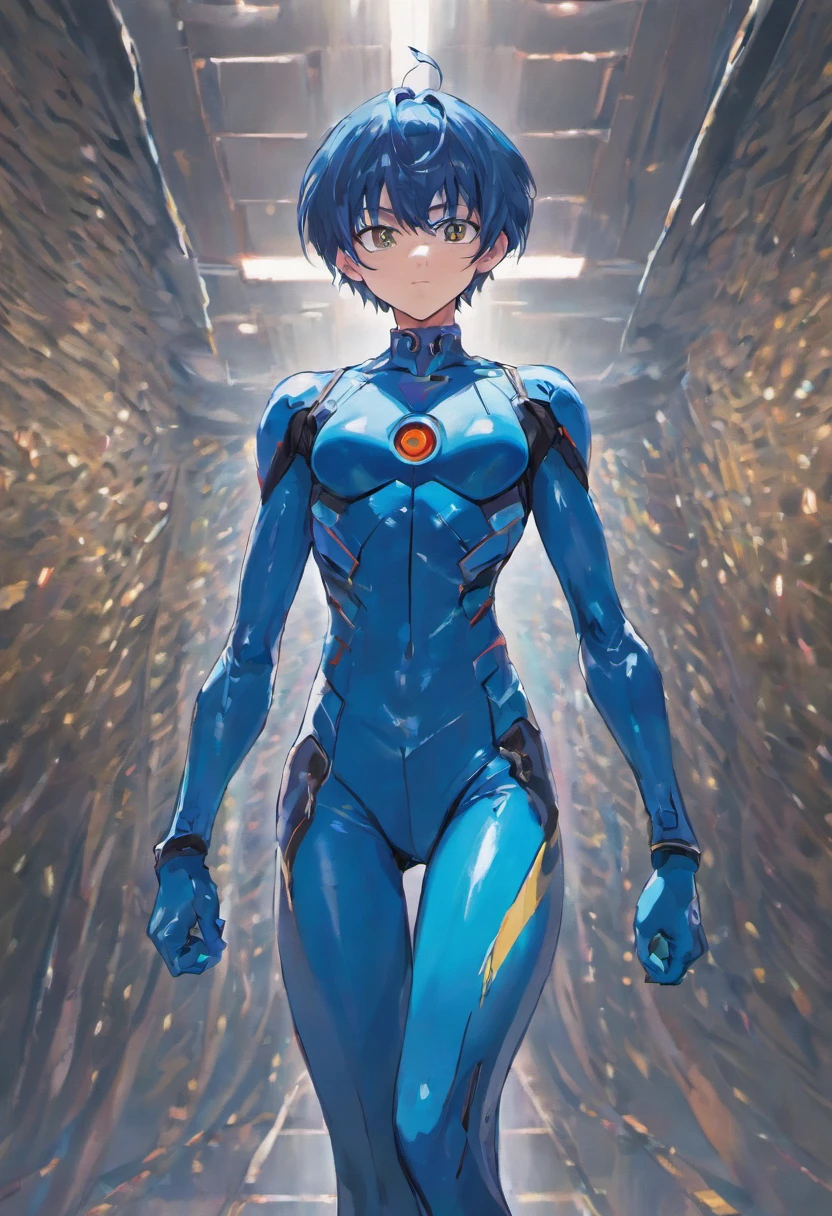 Shin Evangelion，Shinji Ikari，Blue latex coat，Tight combat suit，Full body photo，Muscular body