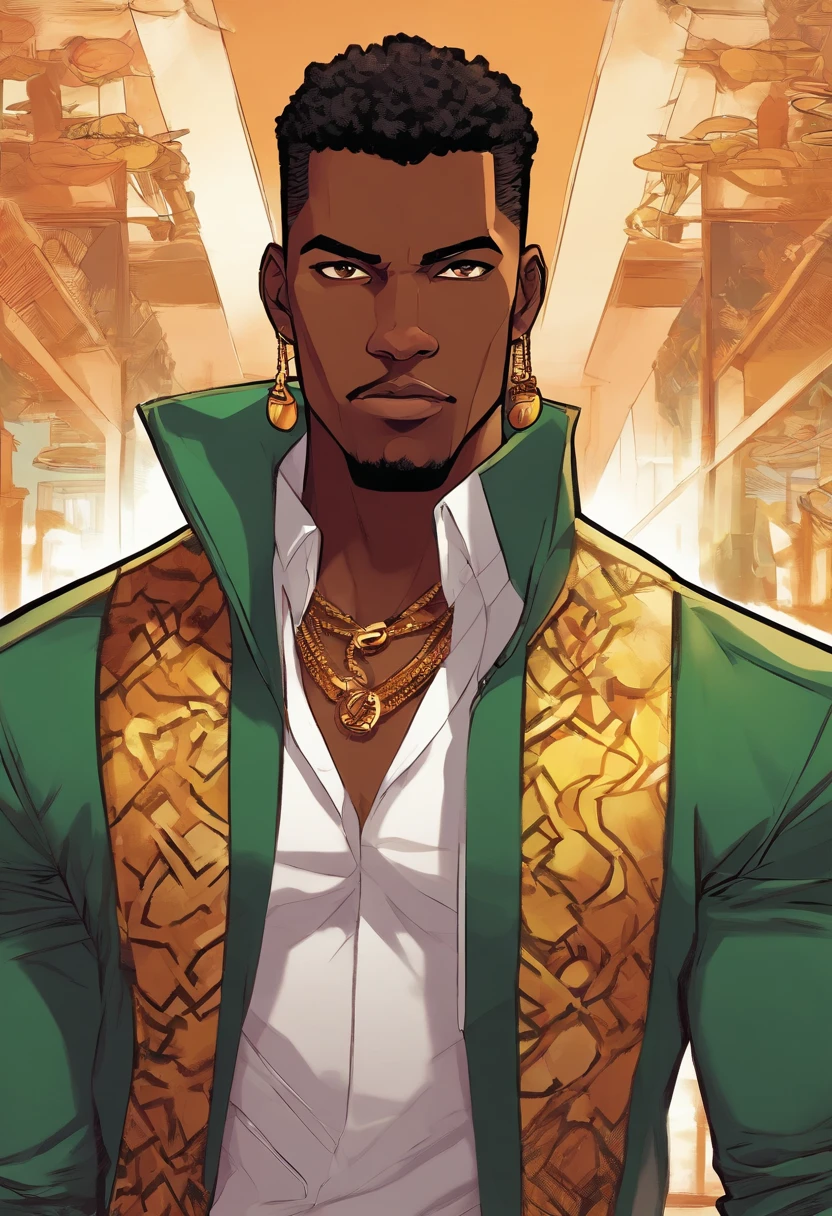 a close up of a dark skin person wearing fancy clothing consisting a jaguar spotted brown jacket, white tank top underneath jacket, dark gray jeans with a black belt on his waist, brown shoes with golden toe caps. He also wears two golden chain necklace in his neck and a long necklace with three black rounded pendants at the center. African American character in tekken, dark green eyes, undercut hairstyle, half body close-up shot, male character, single