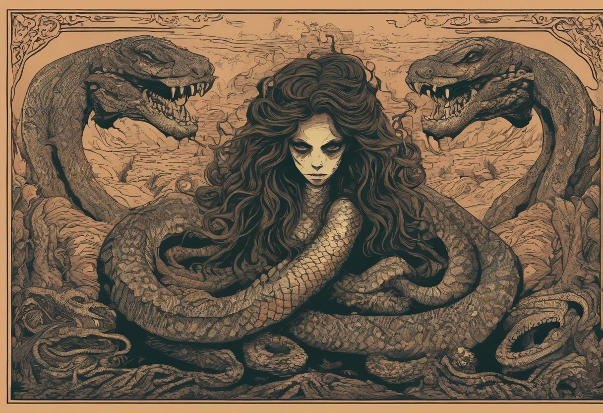 Medusa, hand drawn ink on paper illustration, double exposure, optical illusion, full length body, (lamia, gorgon, snake woman hybrid, human upper-body, snake tail lower-body), snake skin dress, fullbody, snake-haired, bald, hairless, (face, ornate black metal corpse paint, resembles Grace Jones), (background, pine barrens, entropy, rewilding, magic hour nautical twilight), (art style "Sean Gordon Murphy" comic drawing, splash panel), body drawn in Frederic Delavier musculature anatomical illustration art style, candid, the snake-haired head is covered in snakes that resemble pantera great southern trendkill, silhouette, full length body portrait, (body, Naga, snakefolk), (colors, forest green to earth brown, merge bleak muted deep fiery radiant glowing CMYK hues, (horror, abstract, surreal, body, cosmic), (art style Gerardo Zaffino charcoal), nyctophobia,