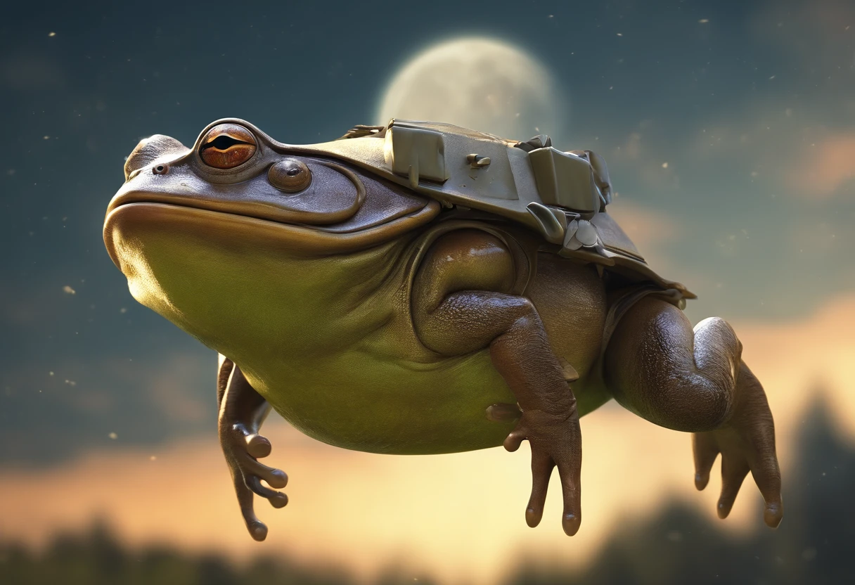 Big frog flying, Side View, Float in the air, opened mouth, There's a moon at the mouth.