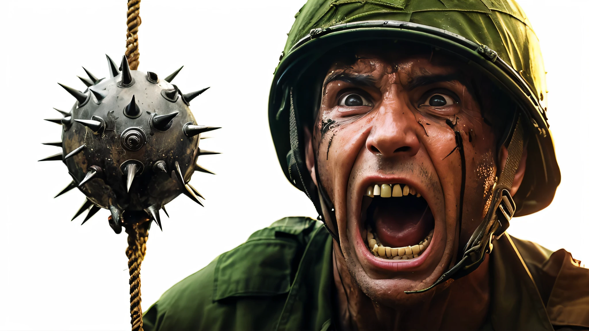 There's a man in a helmet with a big ball of spiky stuff, foto de retrato, fotografia de combate, an angry muscular army general, epic portrait of menacing, dramatic action photography, foto de retrato em close-up, menacingly!, fotografia militar, editing, comportamento do soldado militar, menacingly!!!, soldado sob fogo pesado, close up foto de retrato, menacingly